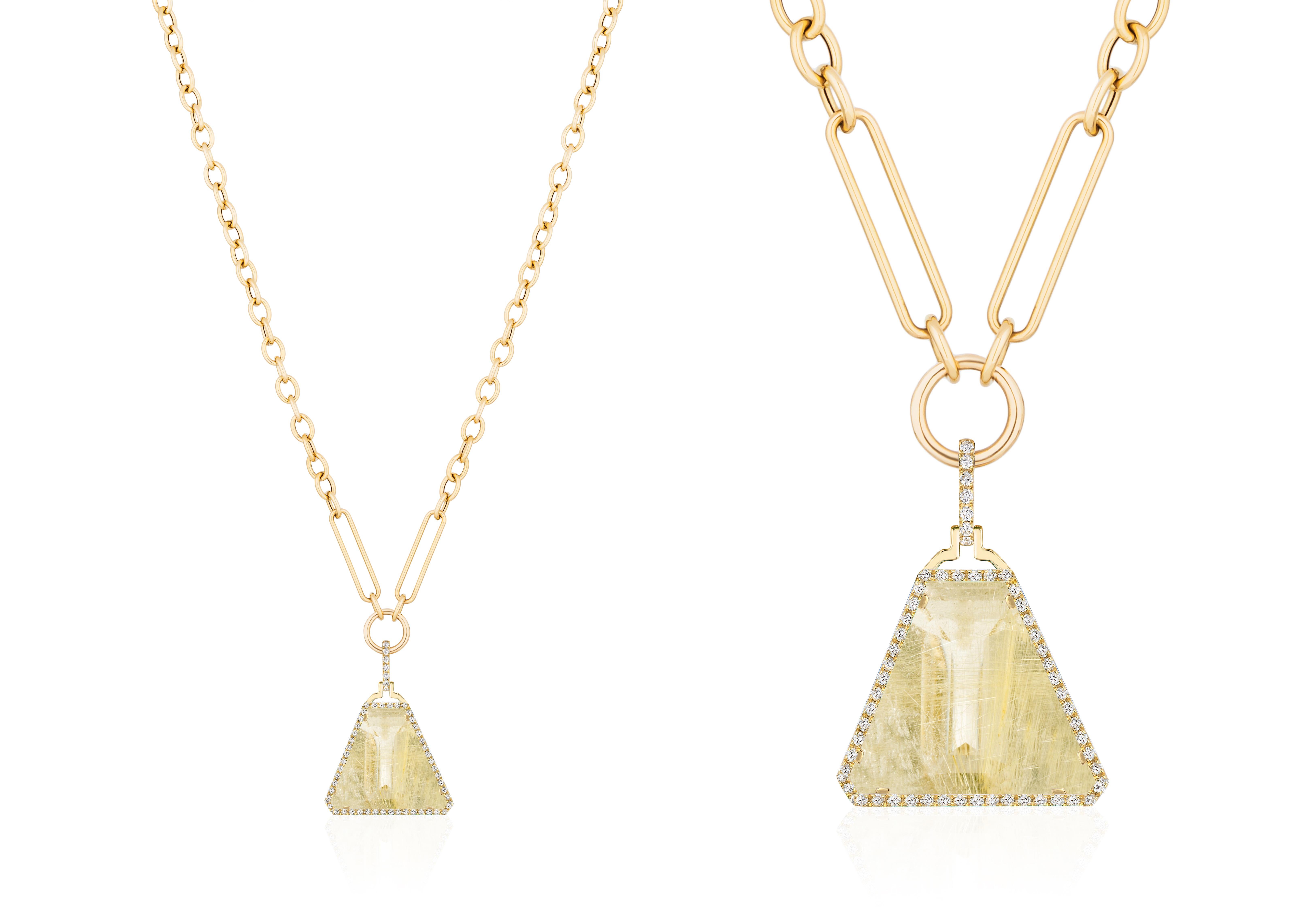 The Golden Rutilated Triangular Shape Pendant with Diamond in 18KT Yellow Gold is an exquisite piece of jewelry from the 'G-One' Collection. Crafted with meticulous attention to detail, this pendant showcases a unique triangular shape that adds a