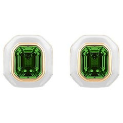 Goshwara Green Tourmaline Asscher Cut with White Enamel Stud Earrings