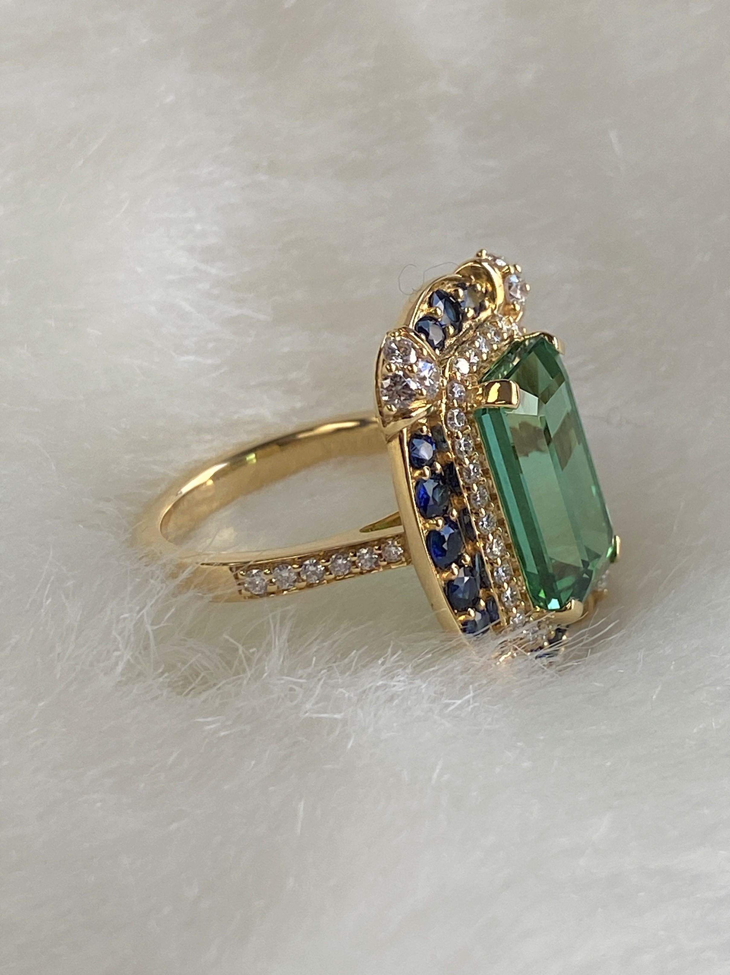 Women's Goshwara Green Tourmaline Emerald Cut with Diamonds and Sapphire Ring For Sale