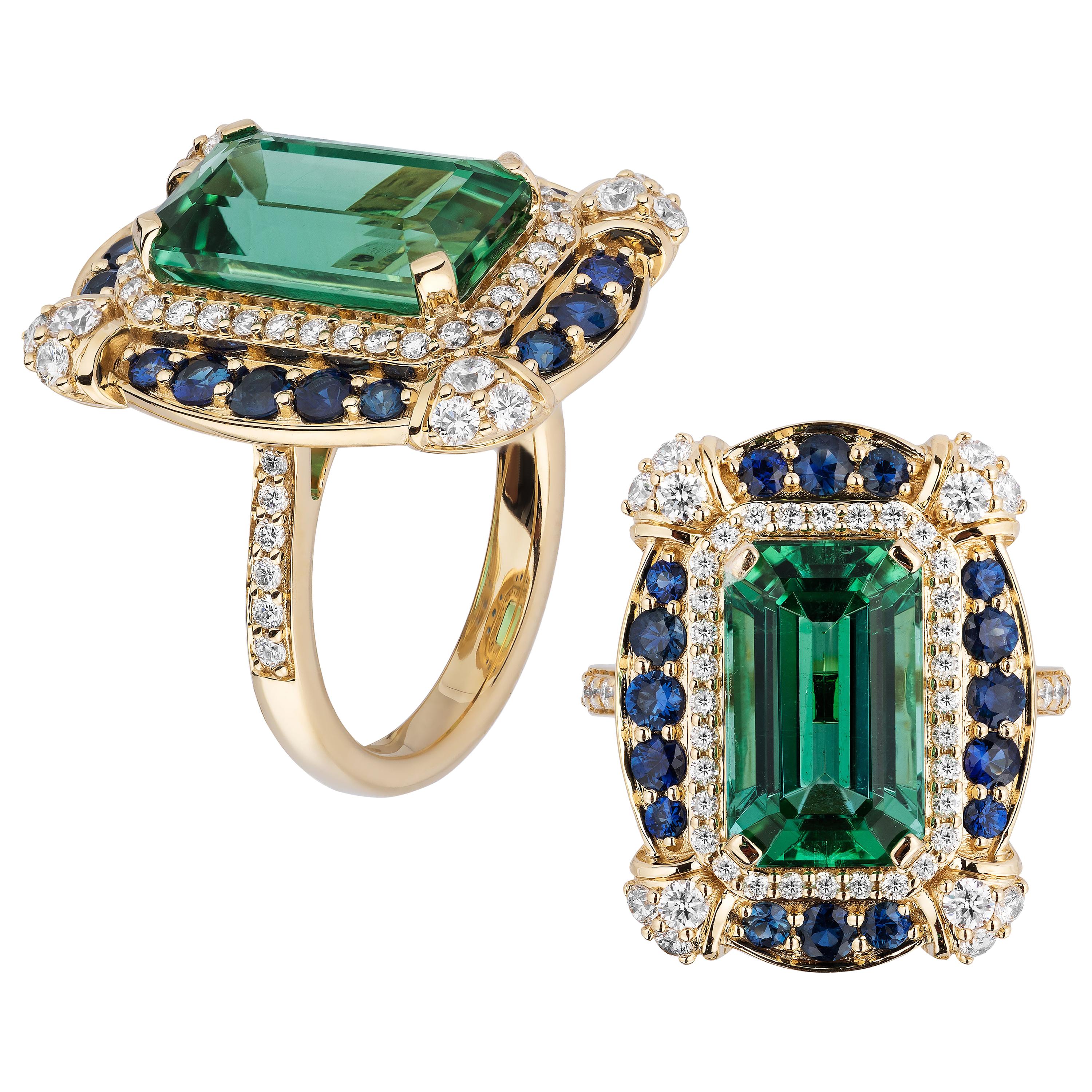 Goshwara Green Tourmaline Emerald Cut with Diamonds and Sapphire Ring