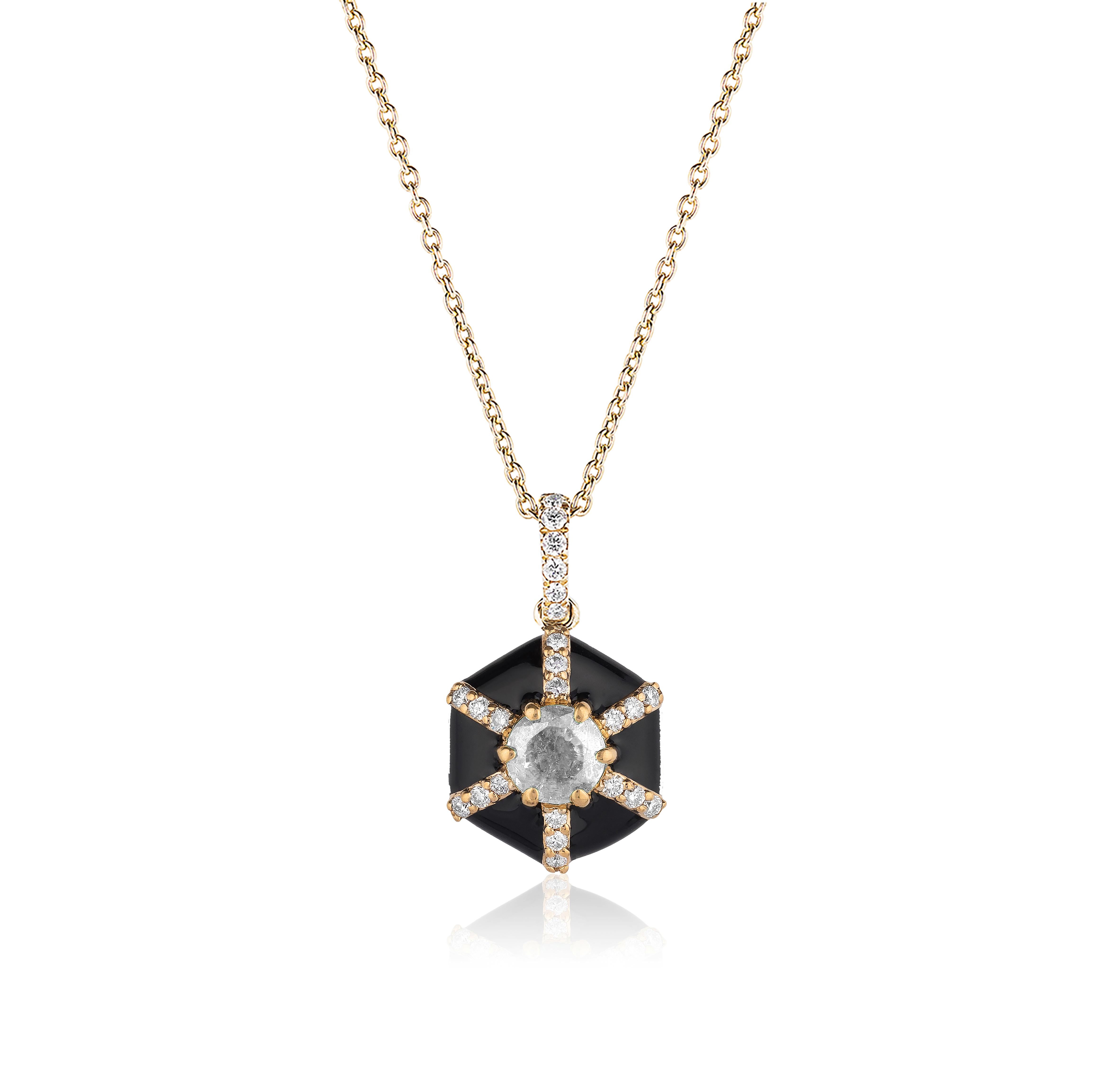 Hexagon Black Enamel Pendant with  Diamonds in 18K Yellow Gold. from ‘Queen’ Collection

Stone Size: 4 mm

Diamonds: G-H / VS, Approx. Wt: 0.10 Carats 