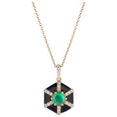 Goshwara Hexagon Black Enamel with Emerald and Diamonds Pendant
