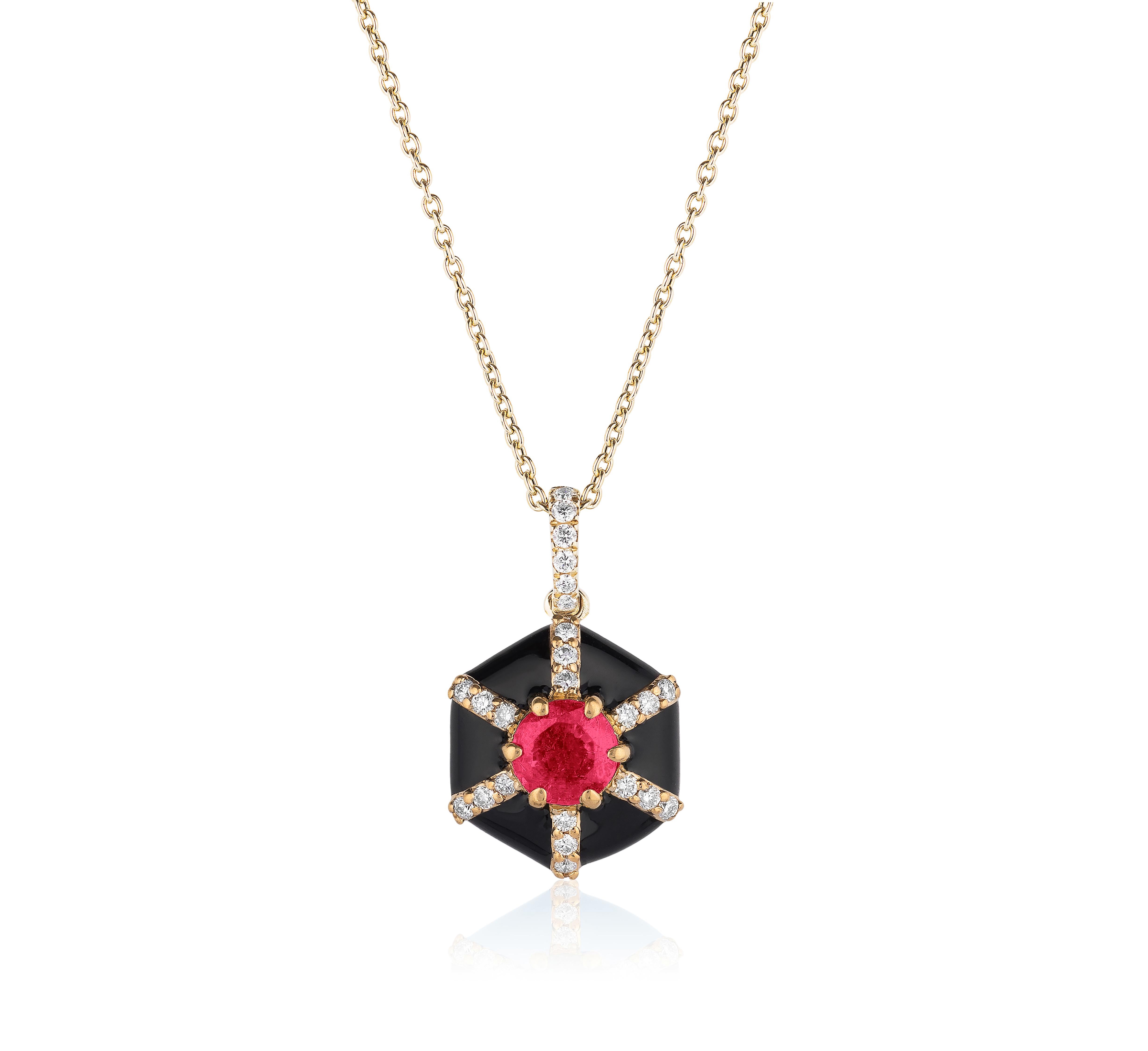 Black Enamel Pendant with Ruby and Diamonds in 18K Yellow Gold. from ‘Queen’ Collection
Stone Size: 4 mm 

Diamonds: G-H / VS, Approx. Wt: 0.10 Carats