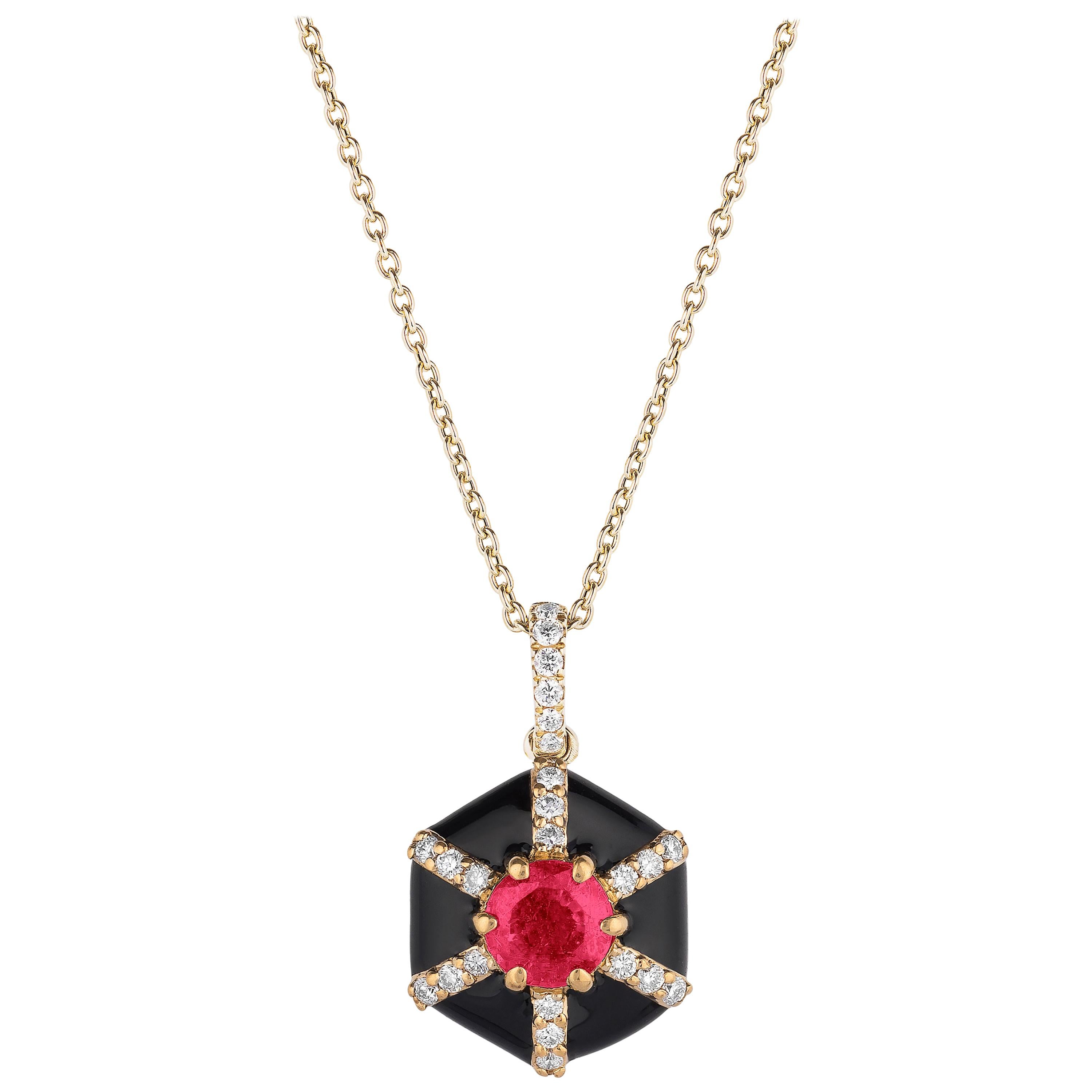 Goshwara Hexagon Black Enamel with Ruby and Diamonds Pendant
