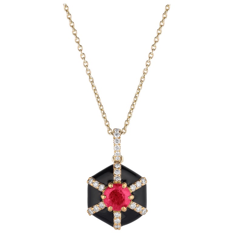 Goshwara Hexagon Black Enamel with Ruby and Diamonds Pendant For Sale
