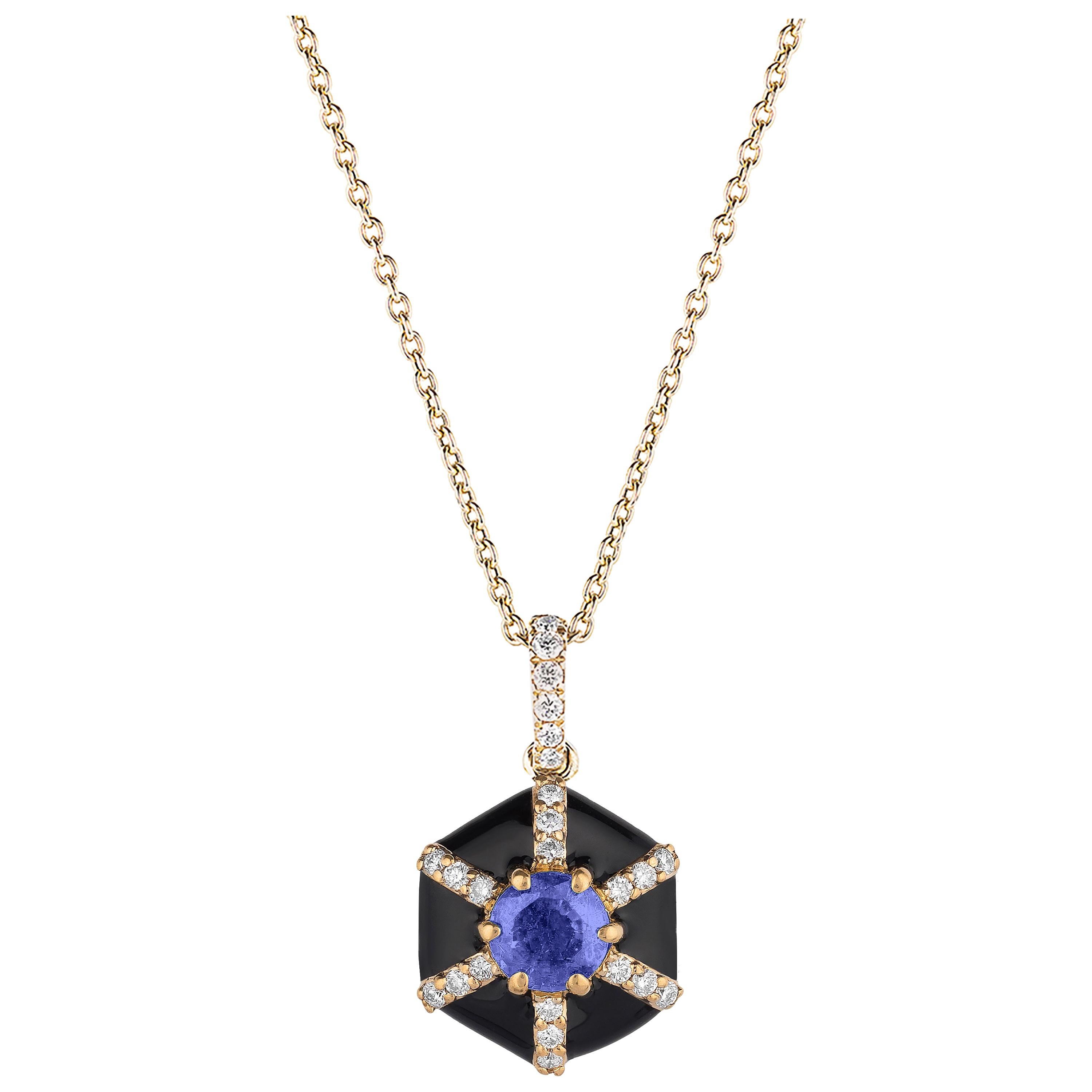 Goshwara Hexagon Black Enamel with Sapphire and Diamonds Pendant