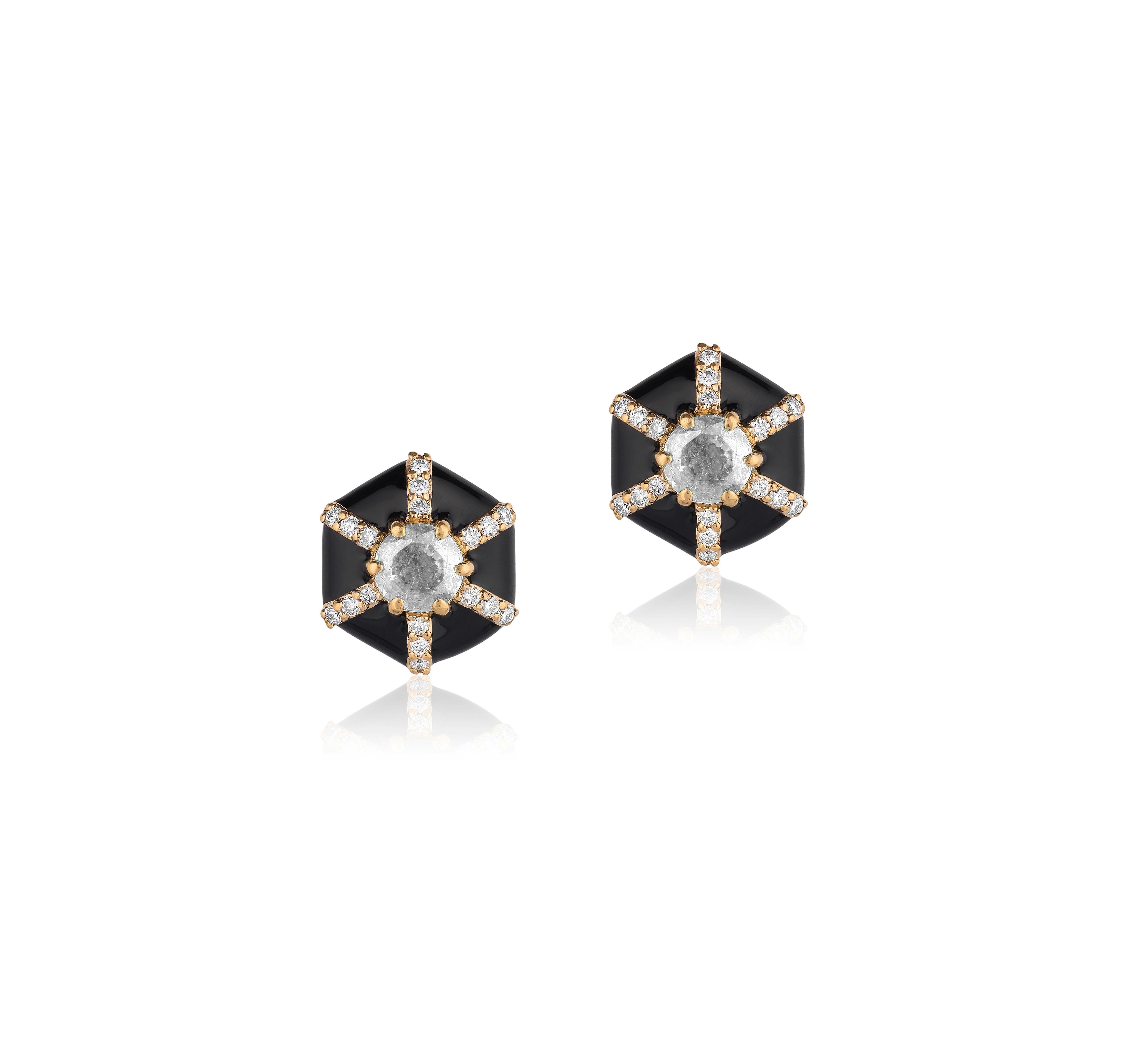 Queen' Hexagon Black Enamel Stud Earrings with Diamonds in 18K Yellow Gold.
Stone Size: 4 mm
Diamonds: G-H / VS; Approx. Wt: 0.63 Carats