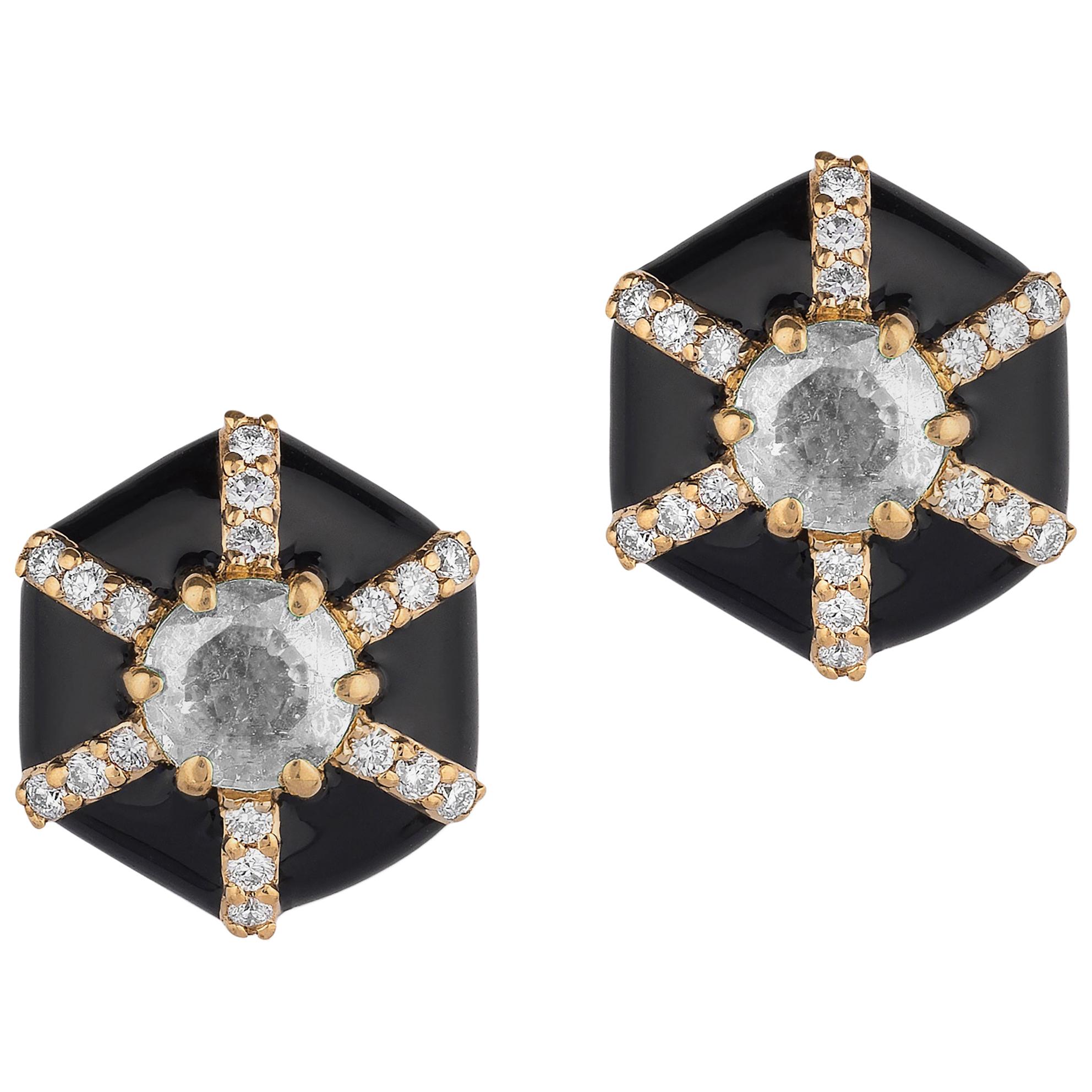 Goshwara Hexagon Black Enamel with Diamonds Stud Earrings For Sale