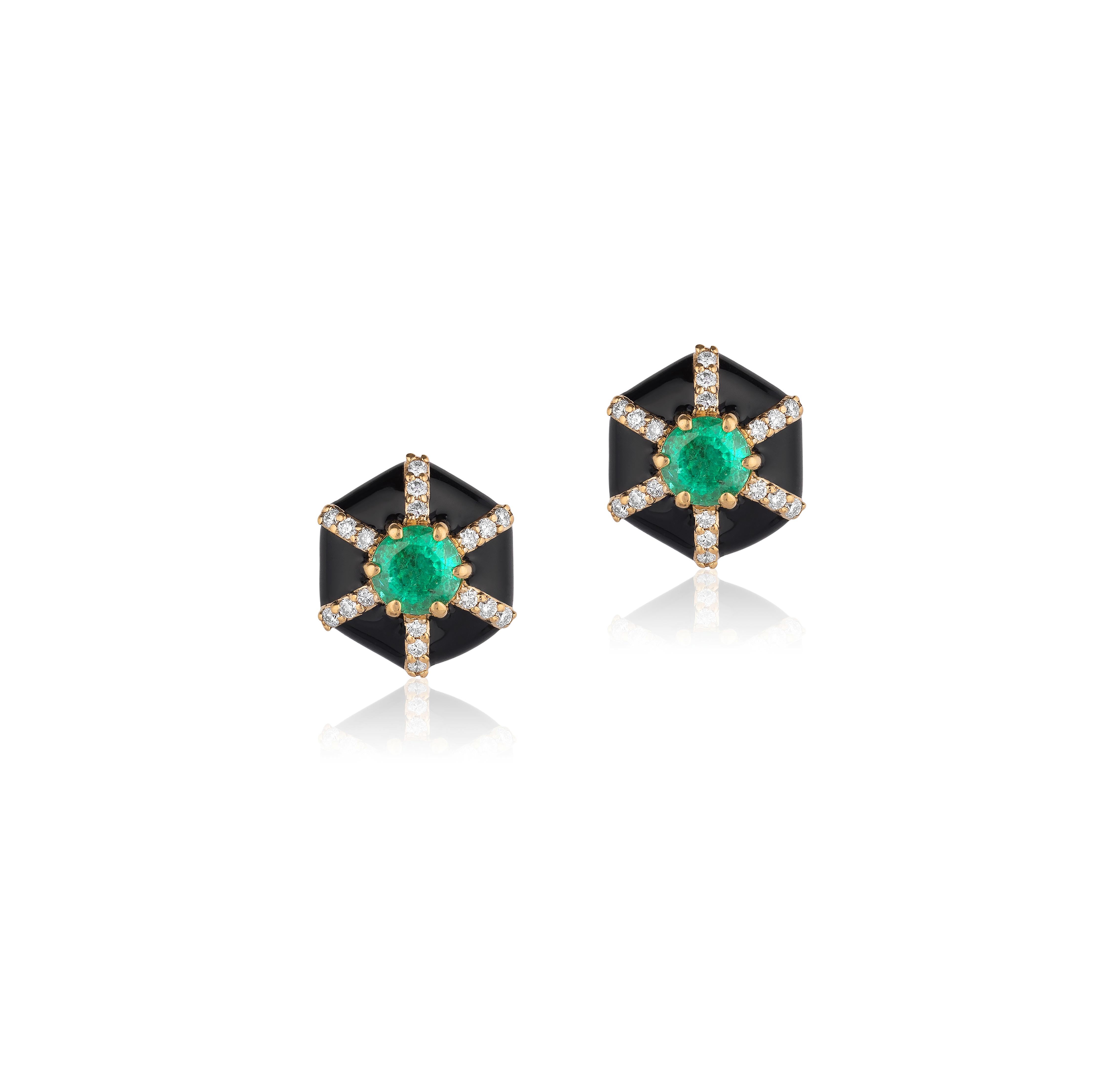 Hexagon Black Enamel Stud Earrings with Emerald and Diamonds in 18K Yellow Gold. from 'Queen' Collection
Stone Size: 4 mm
Approx. Stone Wt: Emerald- 0.52 Carats 
Diamonds: G-H / VS, Approx. Wt: 0.13 Carats