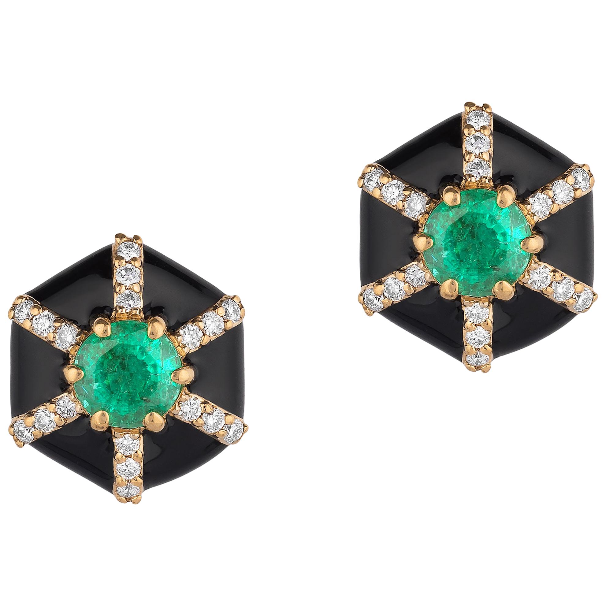 Goshwara Hexagon Shape Black Enamel with Emerald and Diamonds Stud Earrings For Sale
