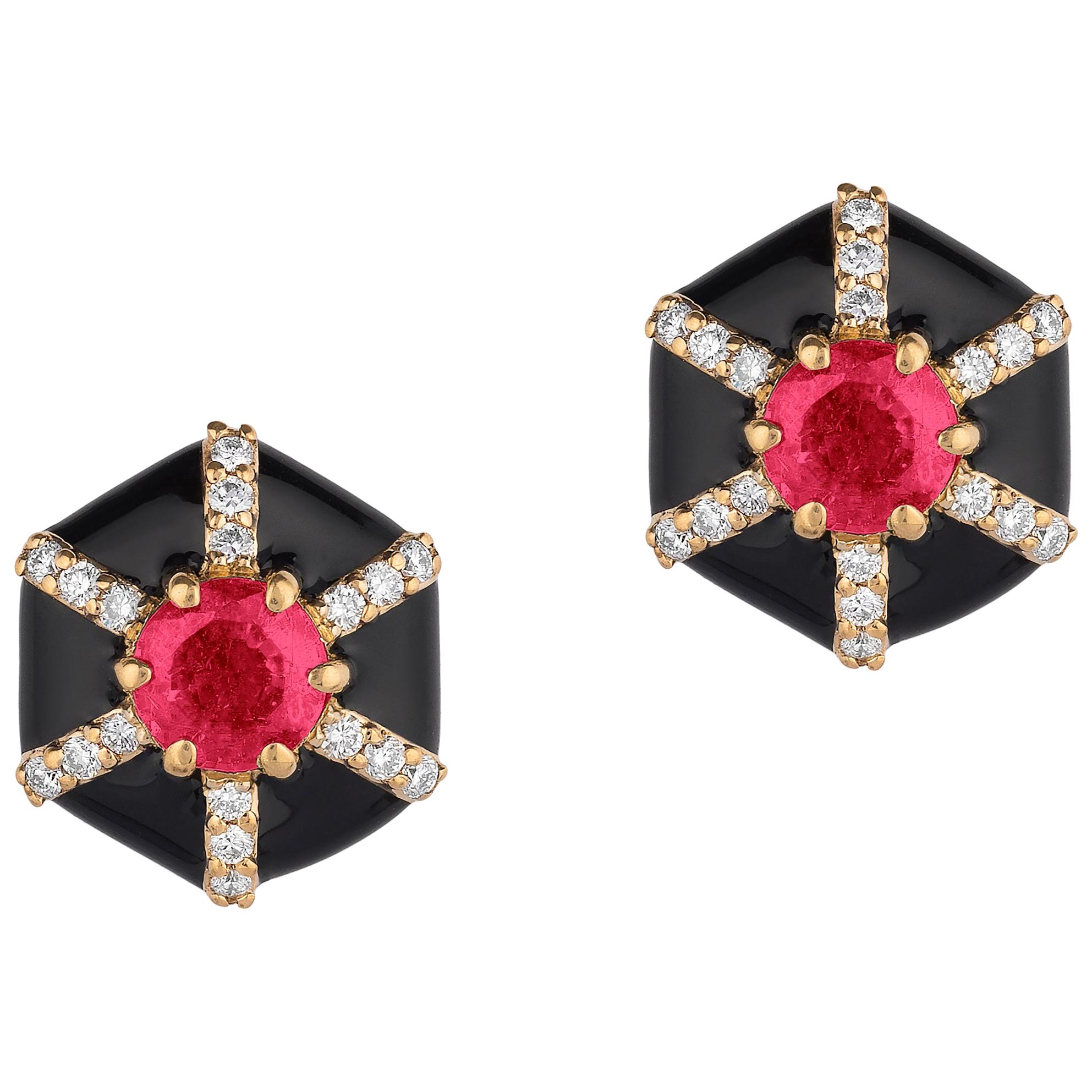 Goshwara Hexagon Shape Black Enamel with Ruby and Diamonds Stud Earrings