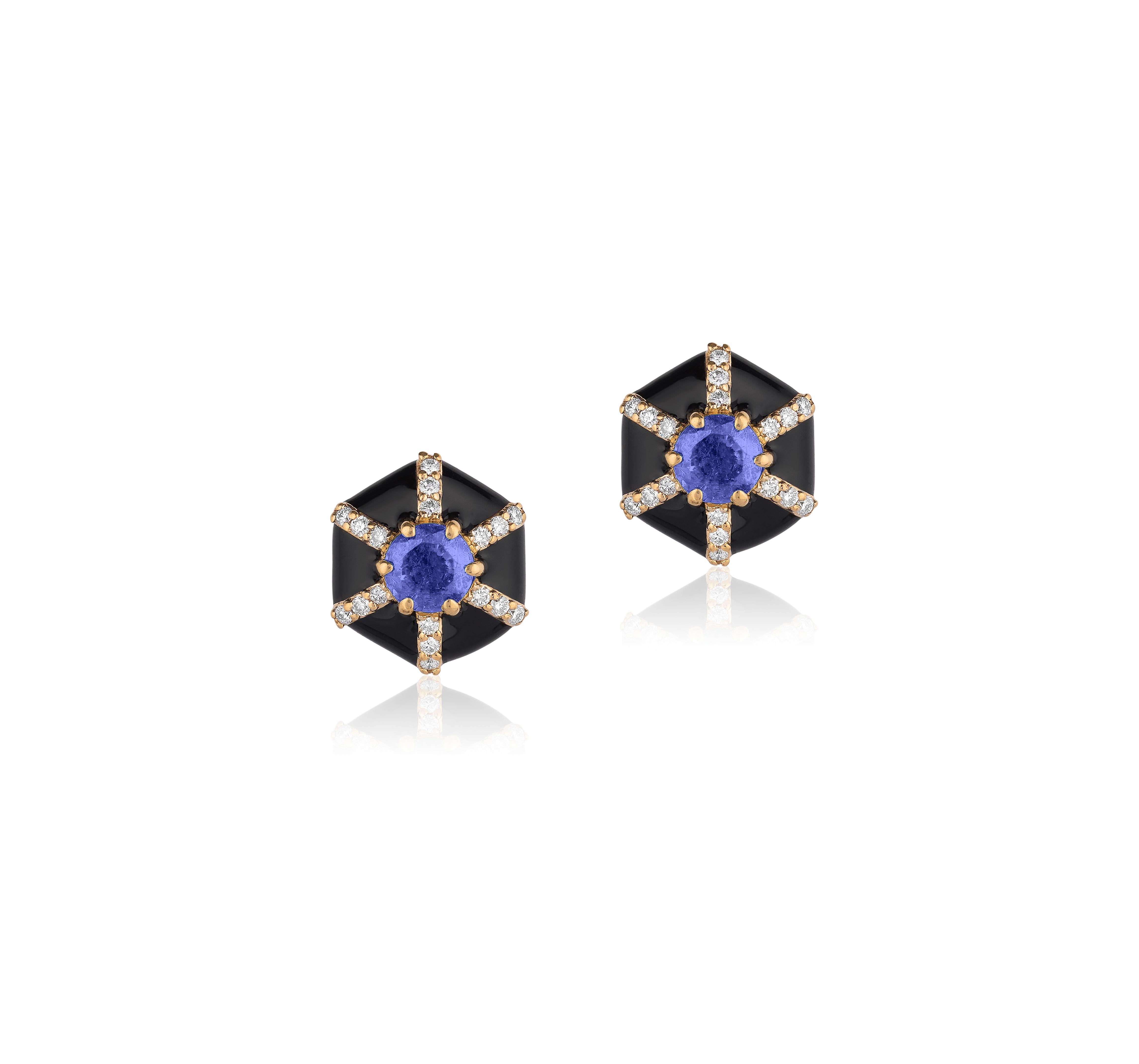 Contemporary Goshwara Hexagon Shape Black Enamel with Sapphire and Diamonds Stud Earrings