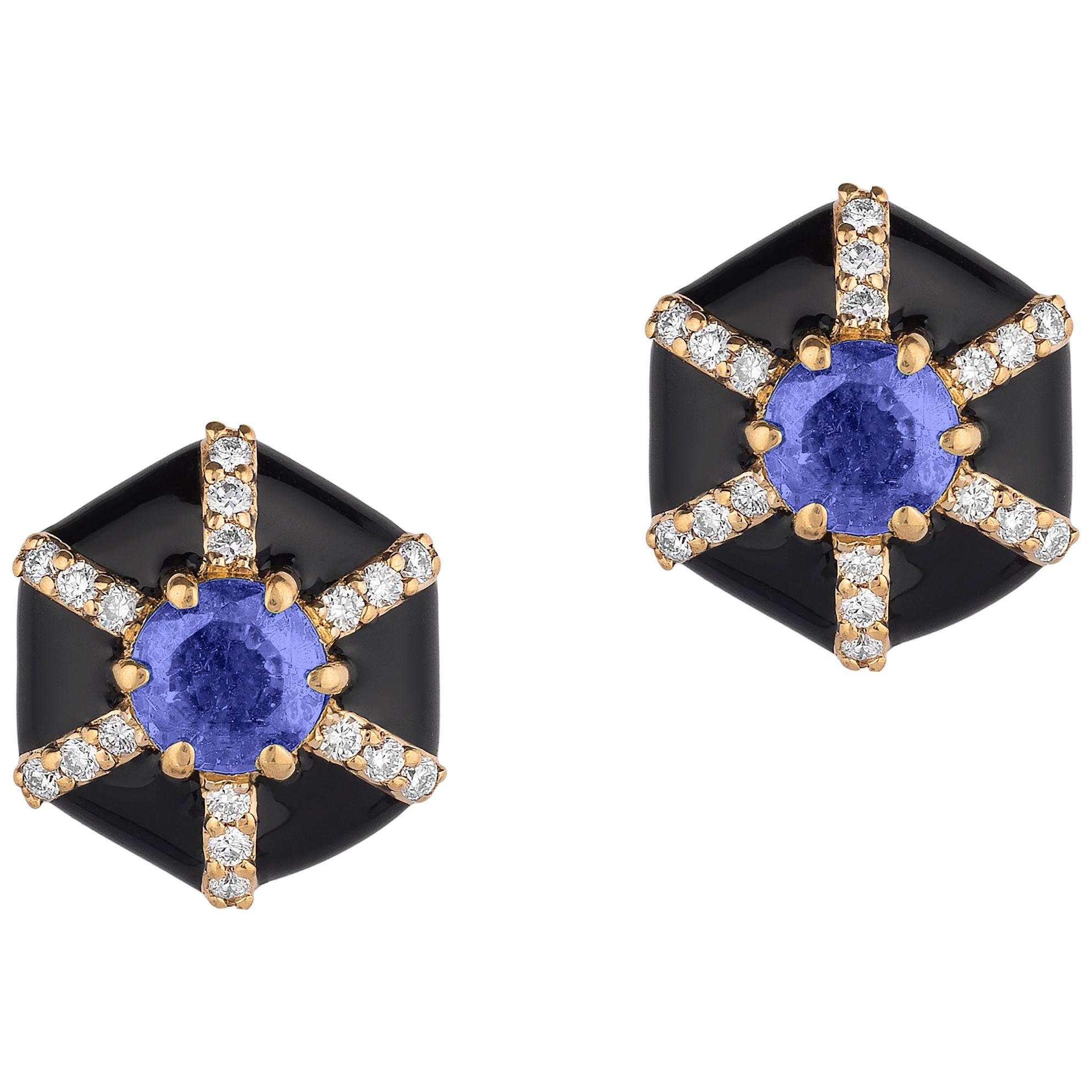 Goshwara Hexagon Shape Black Enamel with Sapphire and Diamonds Stud Earrings