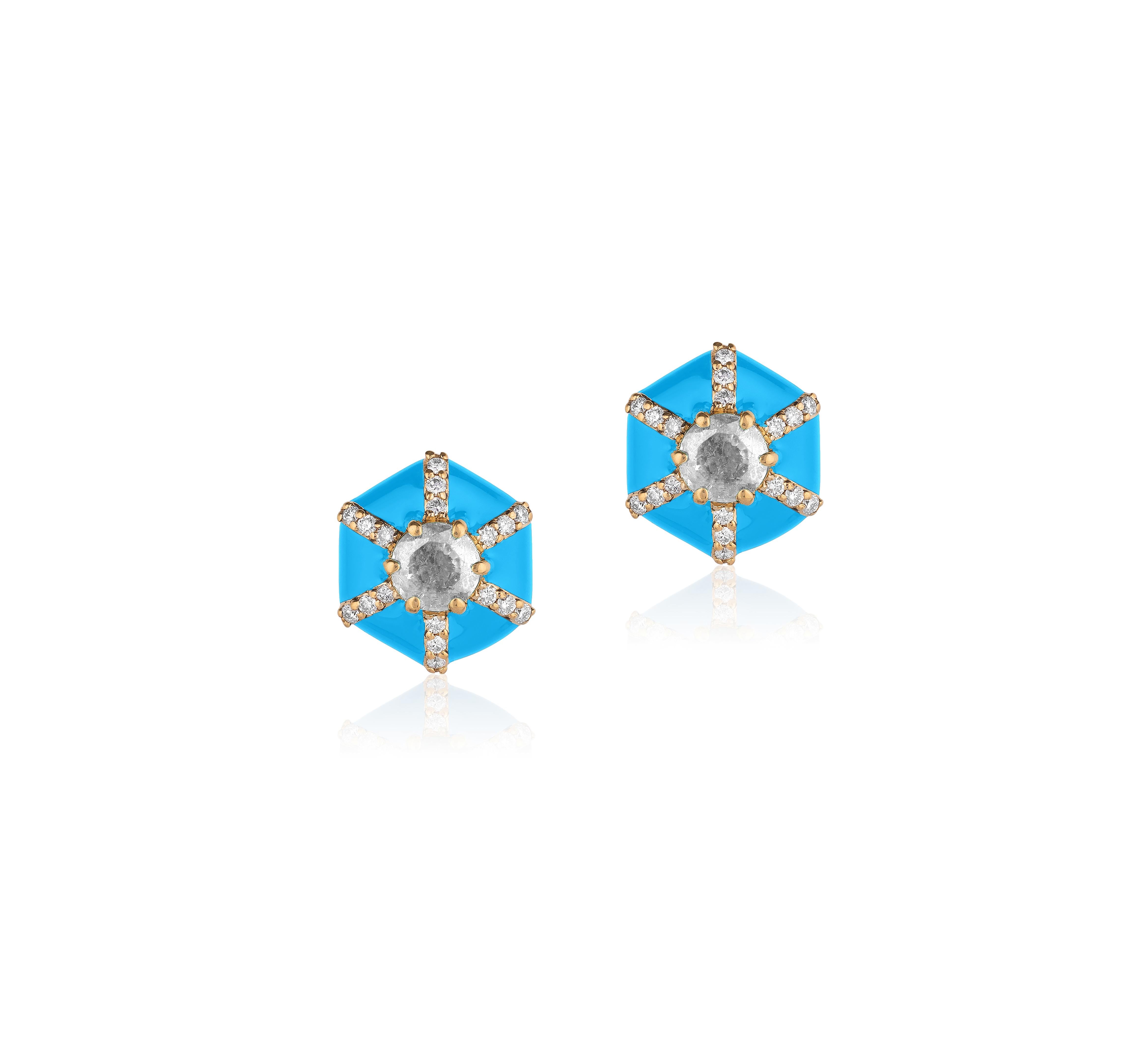 Queen' Hexagon Turquoise Enamel Stud Earrings with Diamonds in 18K Yellow Gold.
Stone Size: 4 mm
Diamonds: G-H / VS, Approx. Wt: 0.63 Carats