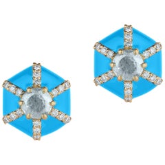 Goshwara, clous d'oreilles hexagonaux en émail turquoise et diamants