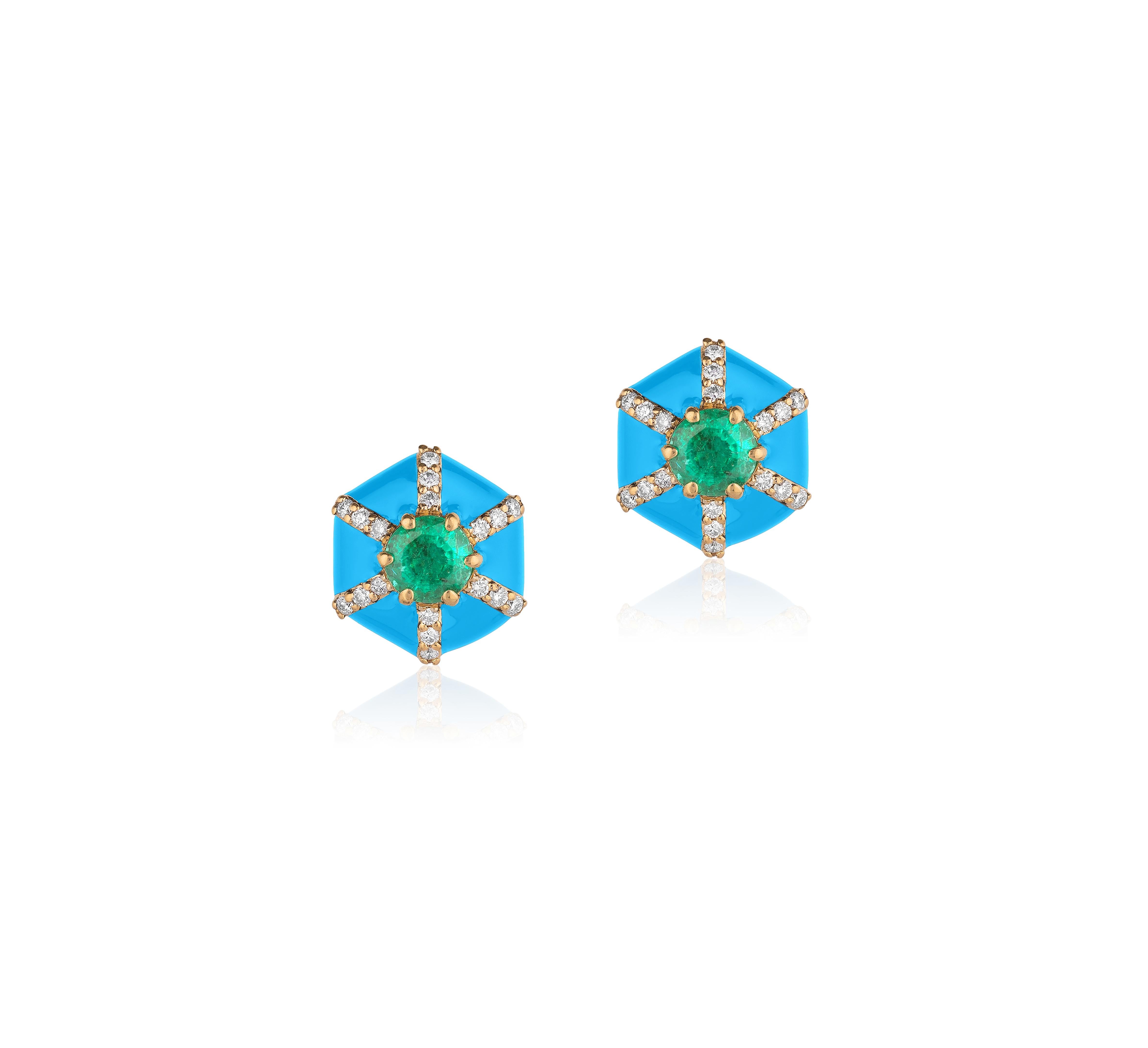 Turquoise Enamel Stud Earrings with Emerald and Diamonds in 18K Yellow Gold. from 'Queen' Collection
Stone Size: 4 mm
Gemstone Approx. Wt: Emerald- 0.52 Carats 
Diamonds: G-H / VS, Approx. Wt: 0.13 Carats