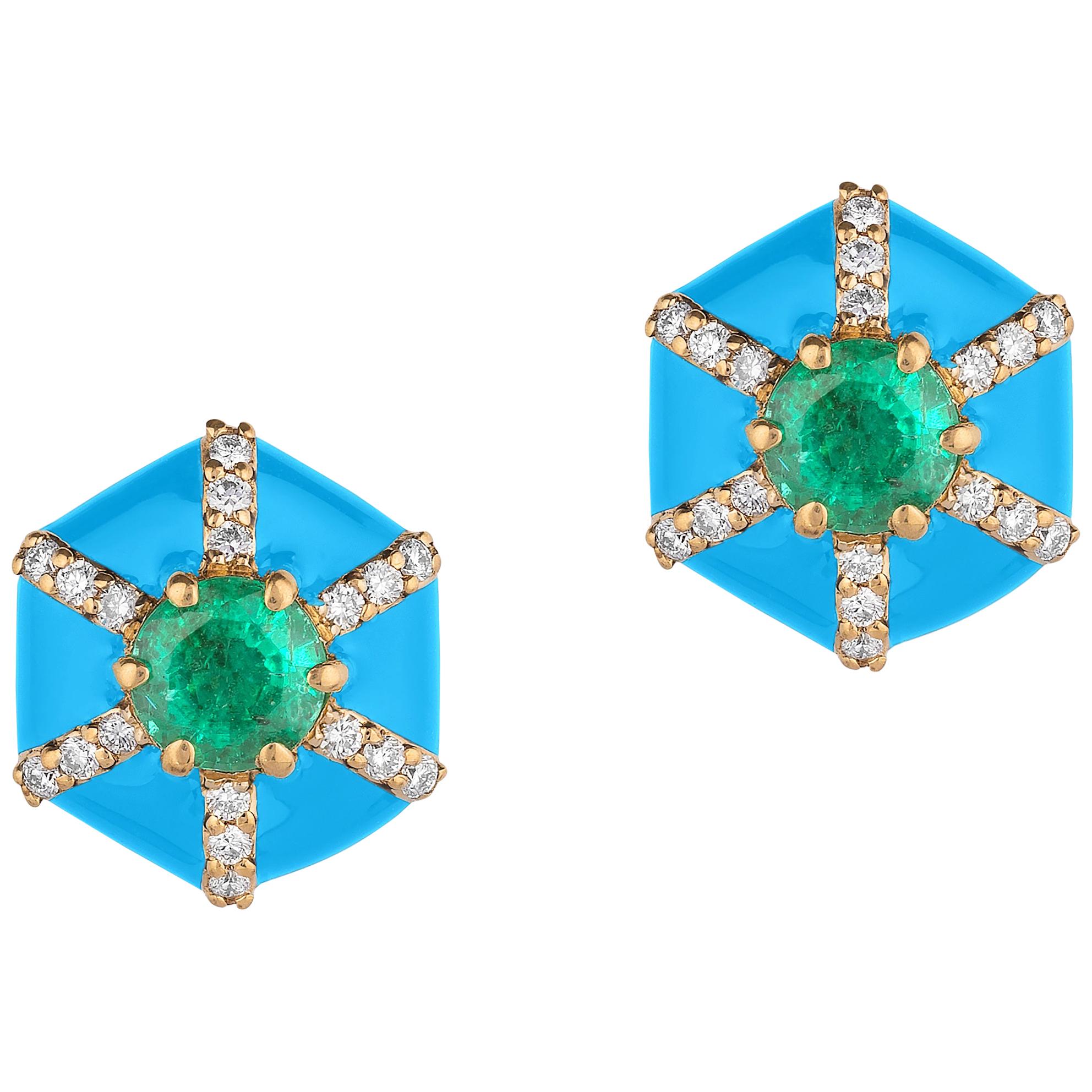 Goshwara Hexagon Shape Turquoise Enamel with Emerald and Diamonds Stud Earrings For Sale