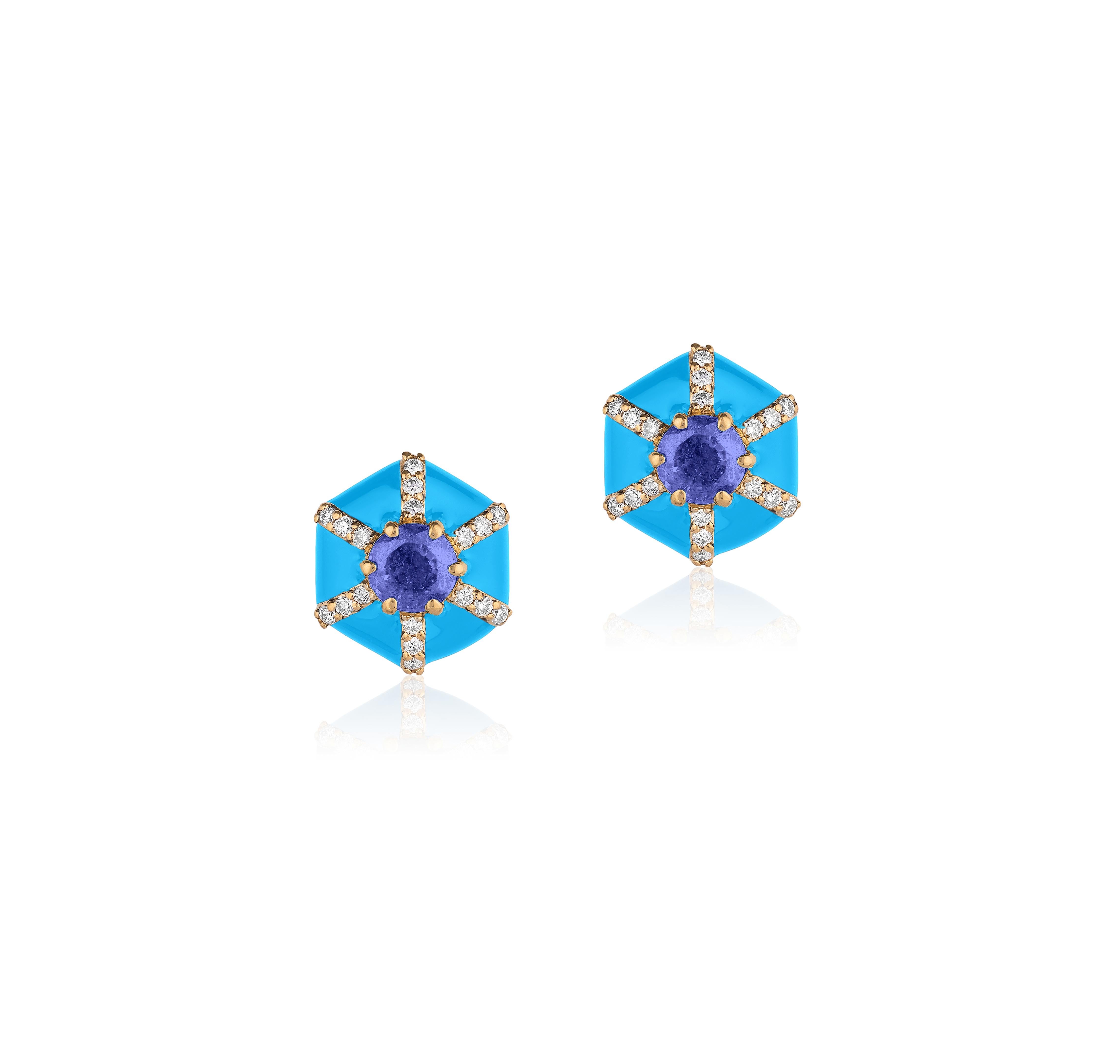 Contemporary Goshwara Hexagon Shape Turquoise Enamel with Sapphire and Diamonds Stud Earrings