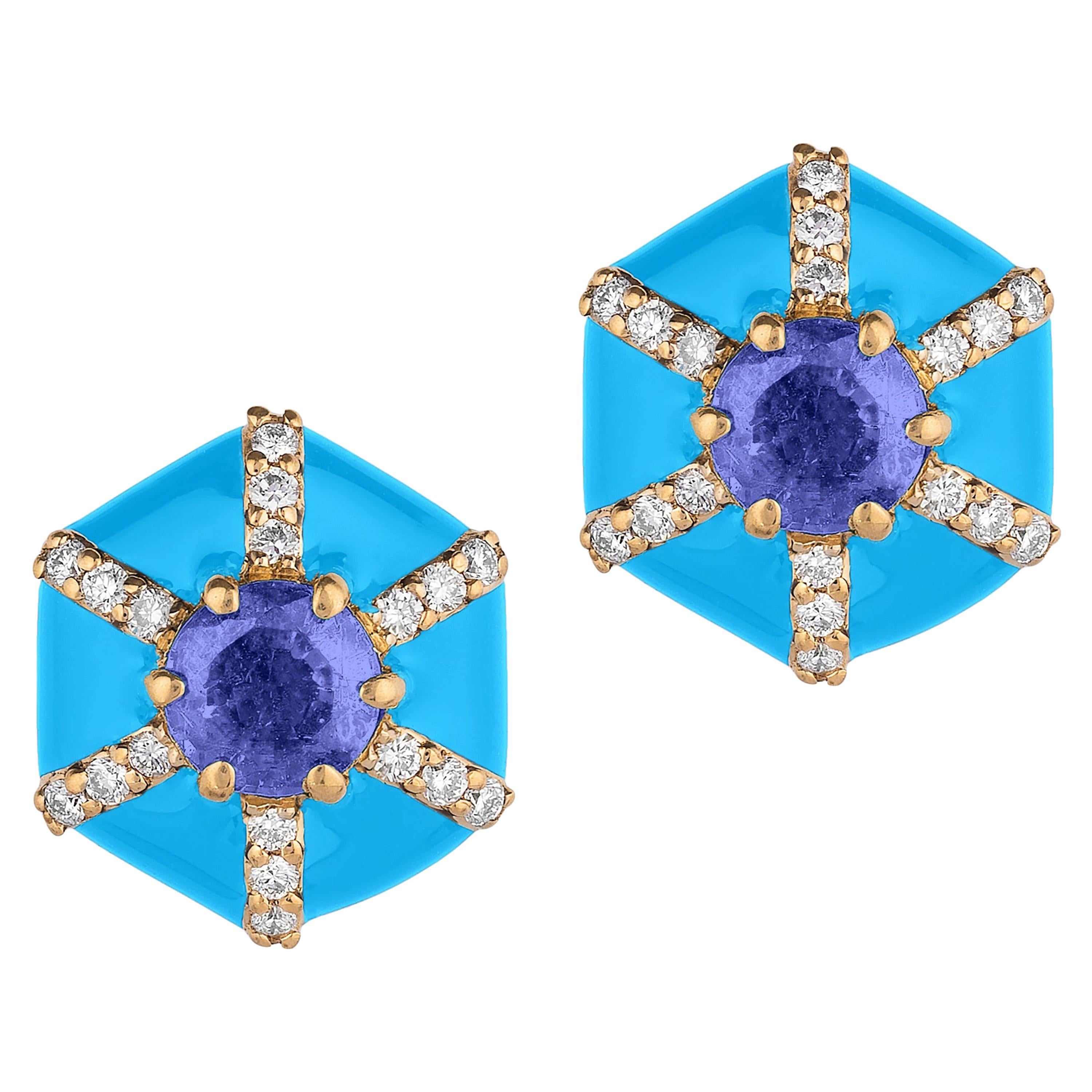 Goshwara Hexagon Shape Turquoise Enamel with Sapphire and Diamonds Stud Earrings