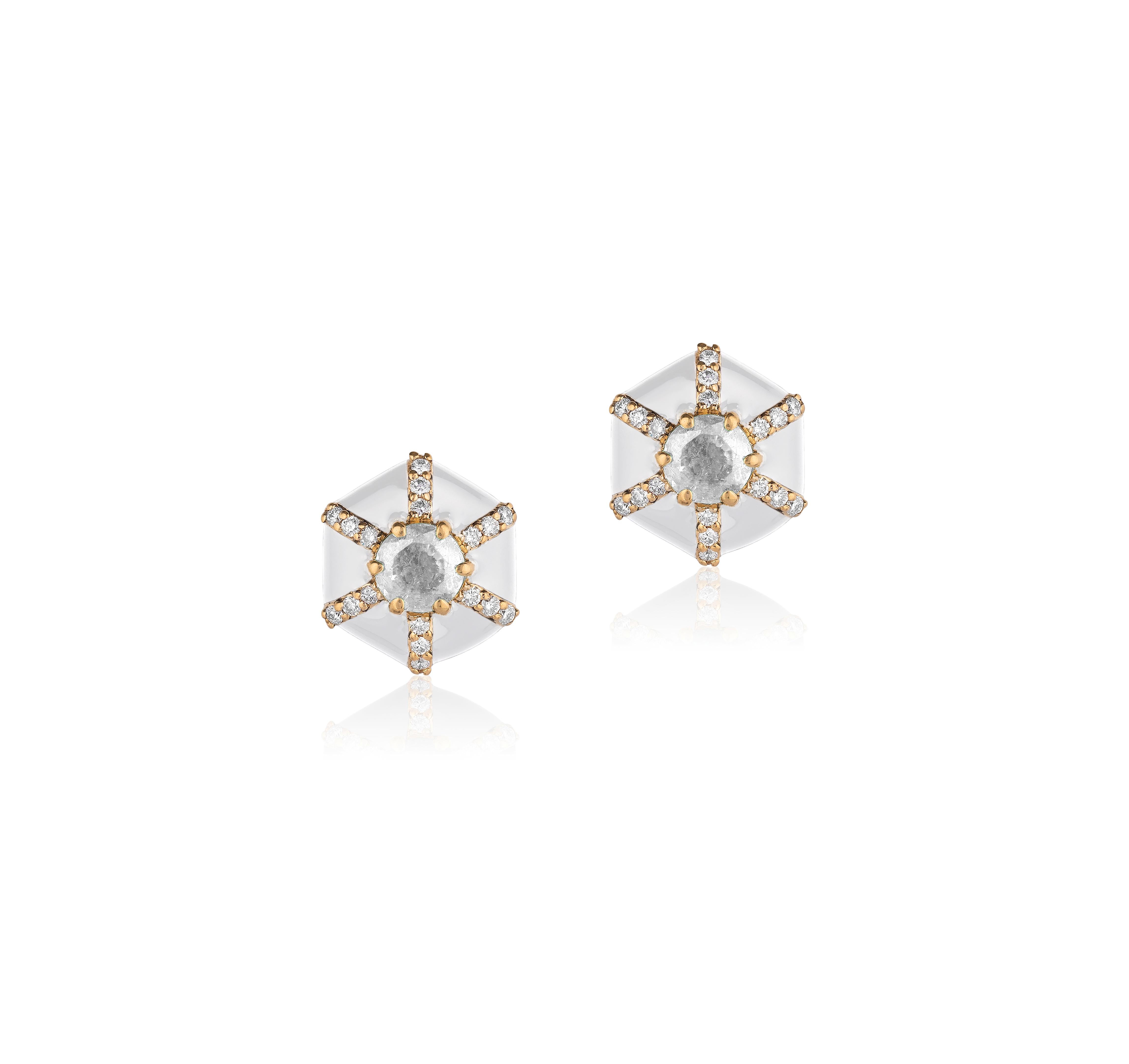 Hexagon White Enamel Stud Earrings with Diamonds in 18K Yellow Gold. from 'Queen' Collection
Stone Size: 4 mm
Diamonds: G-H / VS, Approx. Wt: 0.63 Carats