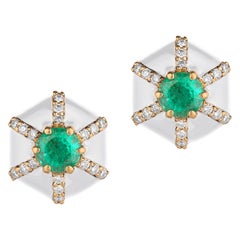 Goshwara Hexagon Shape White Enamel with Emerald and Diamonds Stud Earrings