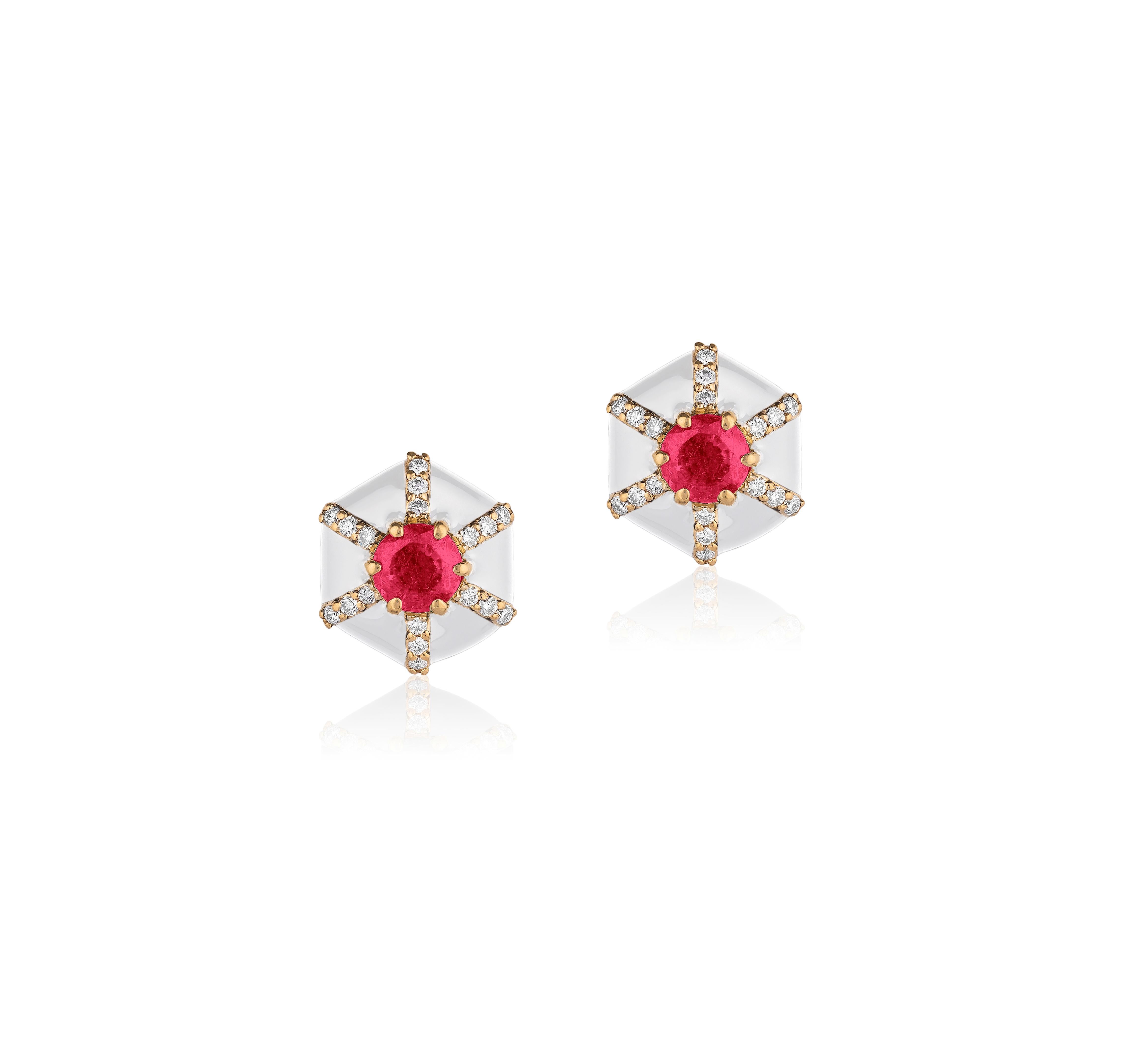 'Queen' Hexagon White Enamel Stud Earrings with Ruby and Diamonds in 18K Yellow Gold.
Stone Size-5 x 3 mm 
Gemstone Approx Wt: Ruby- 0.67 Carats
Diamonds: G-H / VS; Approx. Wt: 0.14 Carats