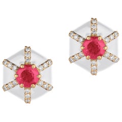Goshwara Hexagon White Enamel with Ruby and Diamonds Stud Earrings