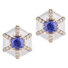 Goshwara Hexagon Shape White Enamel with Sapphire and Diamonds Stud Earrings