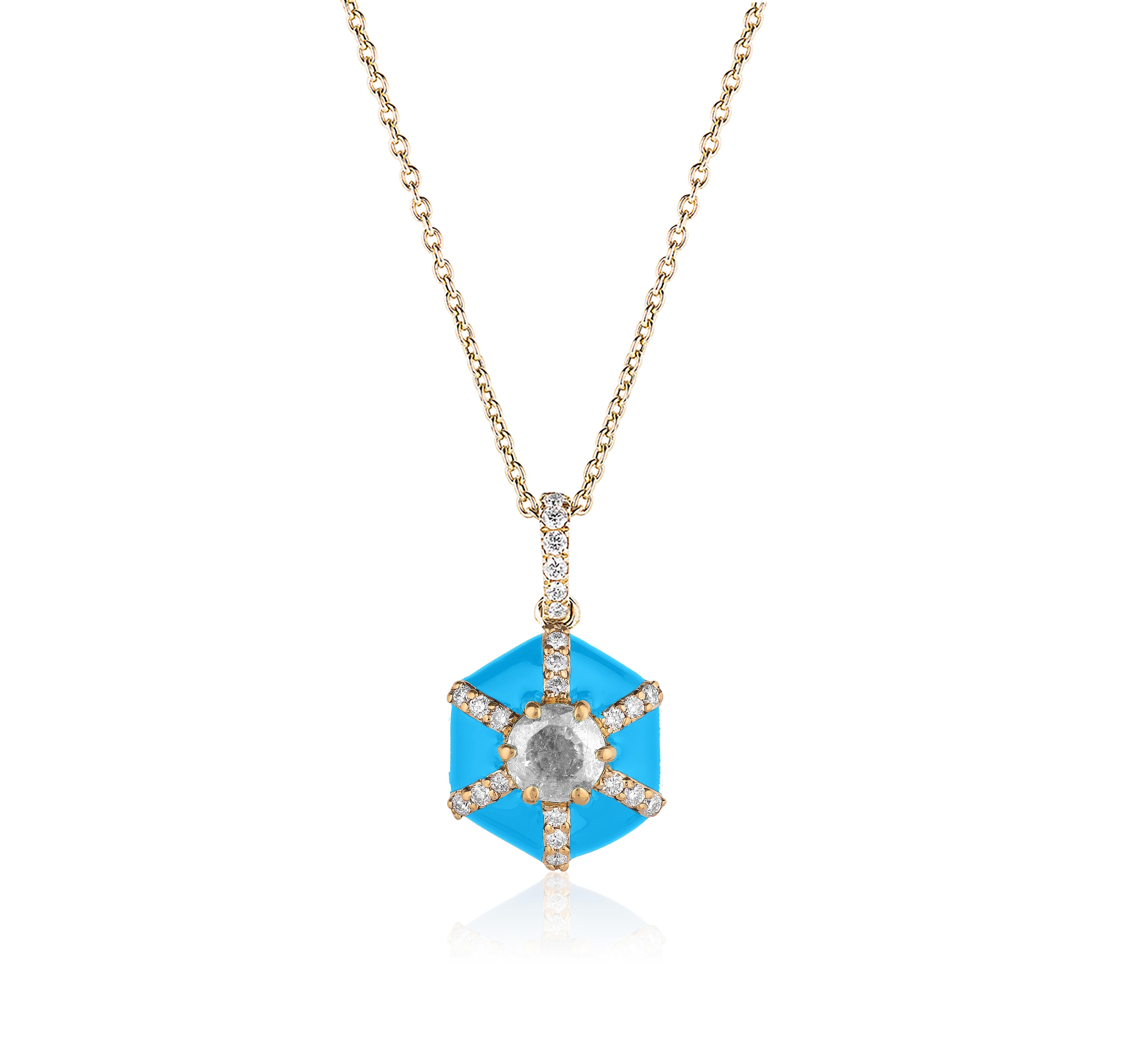 Hexagon Turquoise Enamel Pendant with  Diamonds in 18K Yellow Gold. from ‘Queen’ Collection

Stone Size: 4 mm

Diamonds: G-H / VS, Approx. Wt: 0.10 Carats 