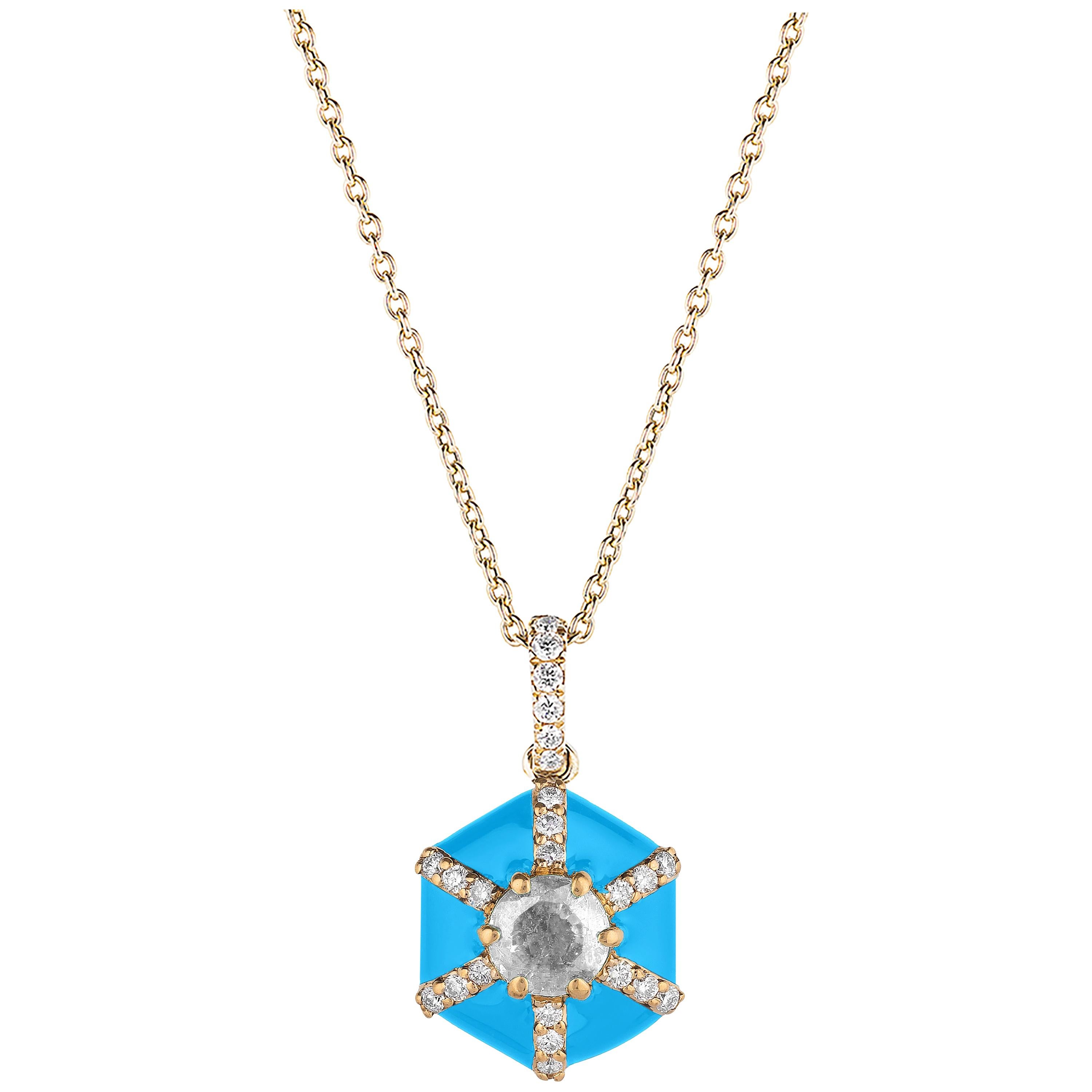 Goshwara Hexagon Turquoise Enamel with Diamonds Pendant