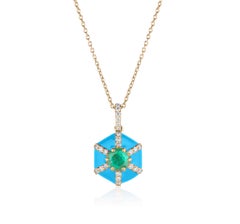 Goshwara Hexagon Turquoise Enamel with Emerald and Diamonds Pendant