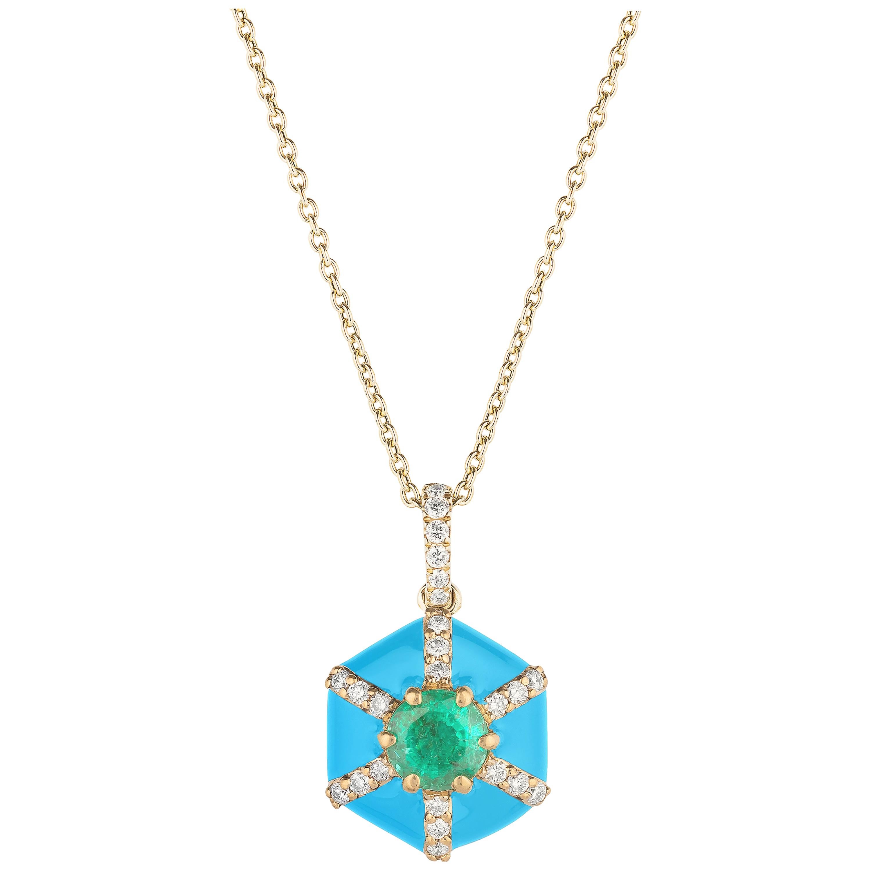 Pendentif Goshwara hexagonal en émail turquoise avec émeraude et diamants