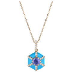 Goshwara Hexagon Turquoise Enamel with Sapphire and Diamonds Pendant