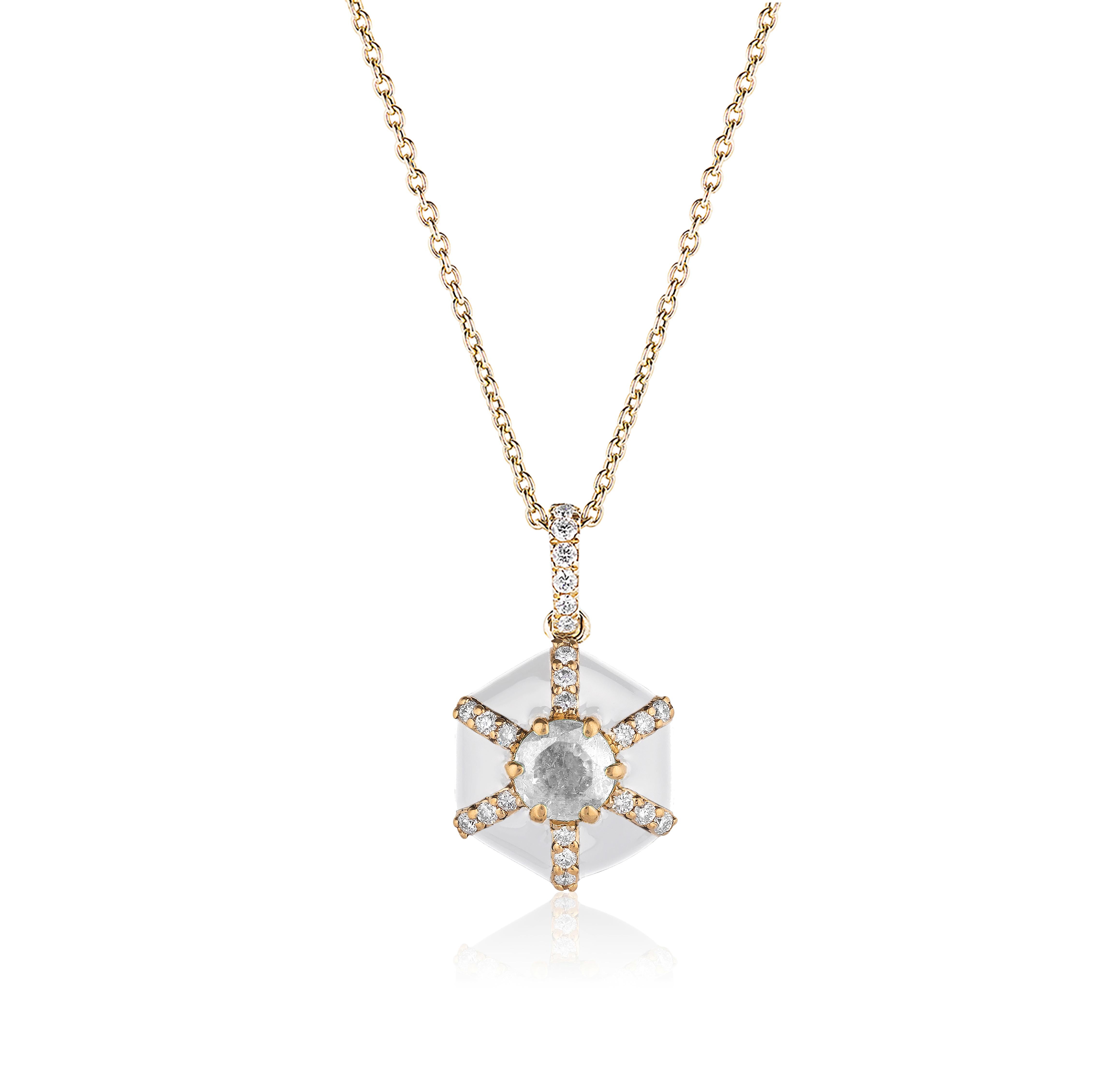 Hexagon White Enamel Pendant with  Diamonds in 18K Yellow Gold. from ‘Queen’ Collection

Stone Size: 4 mm

Diamonds: G-H / VS, Approx. Wt: 0.10 Carats 