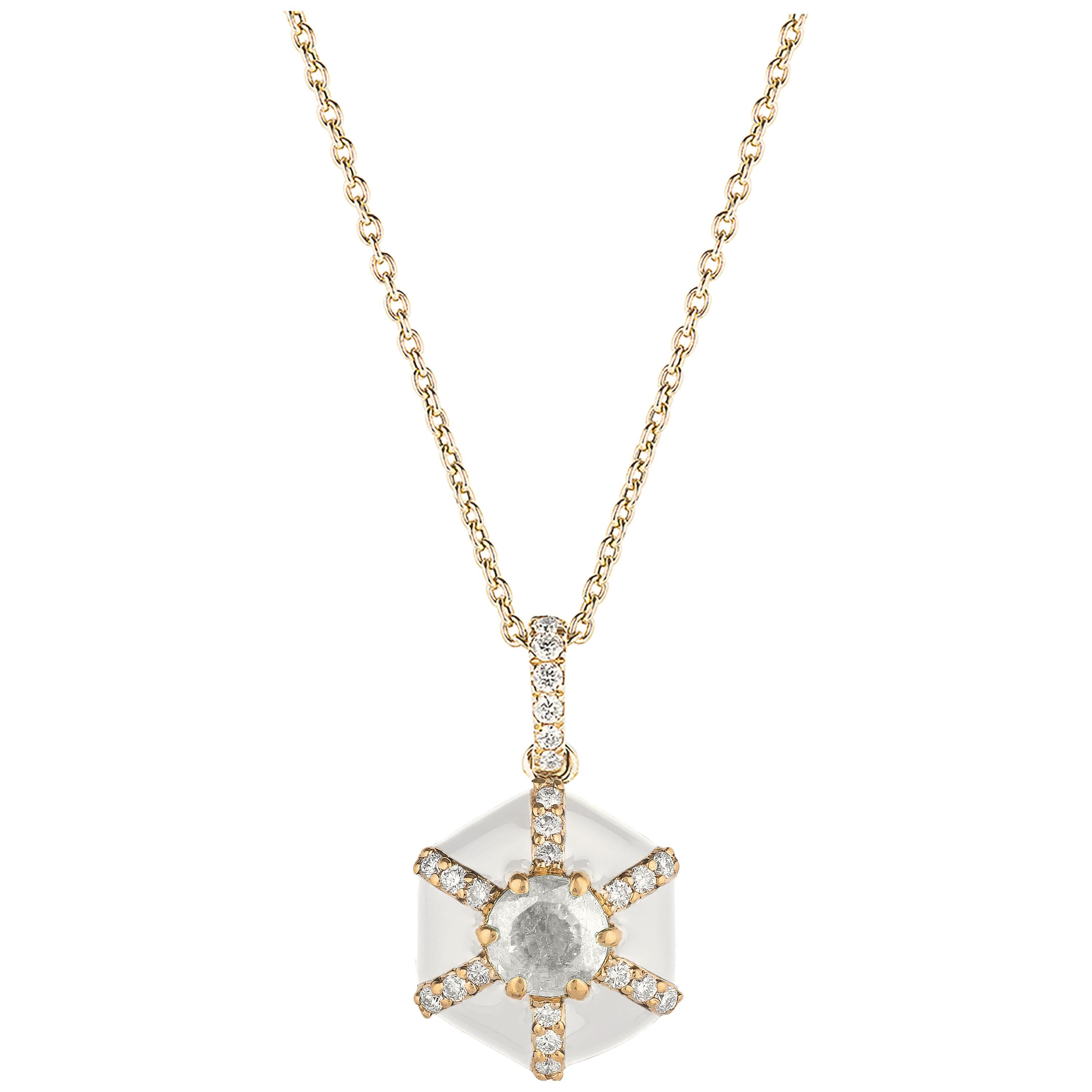 Goshwara Hexagon White Enamel with Diamonds Pendant