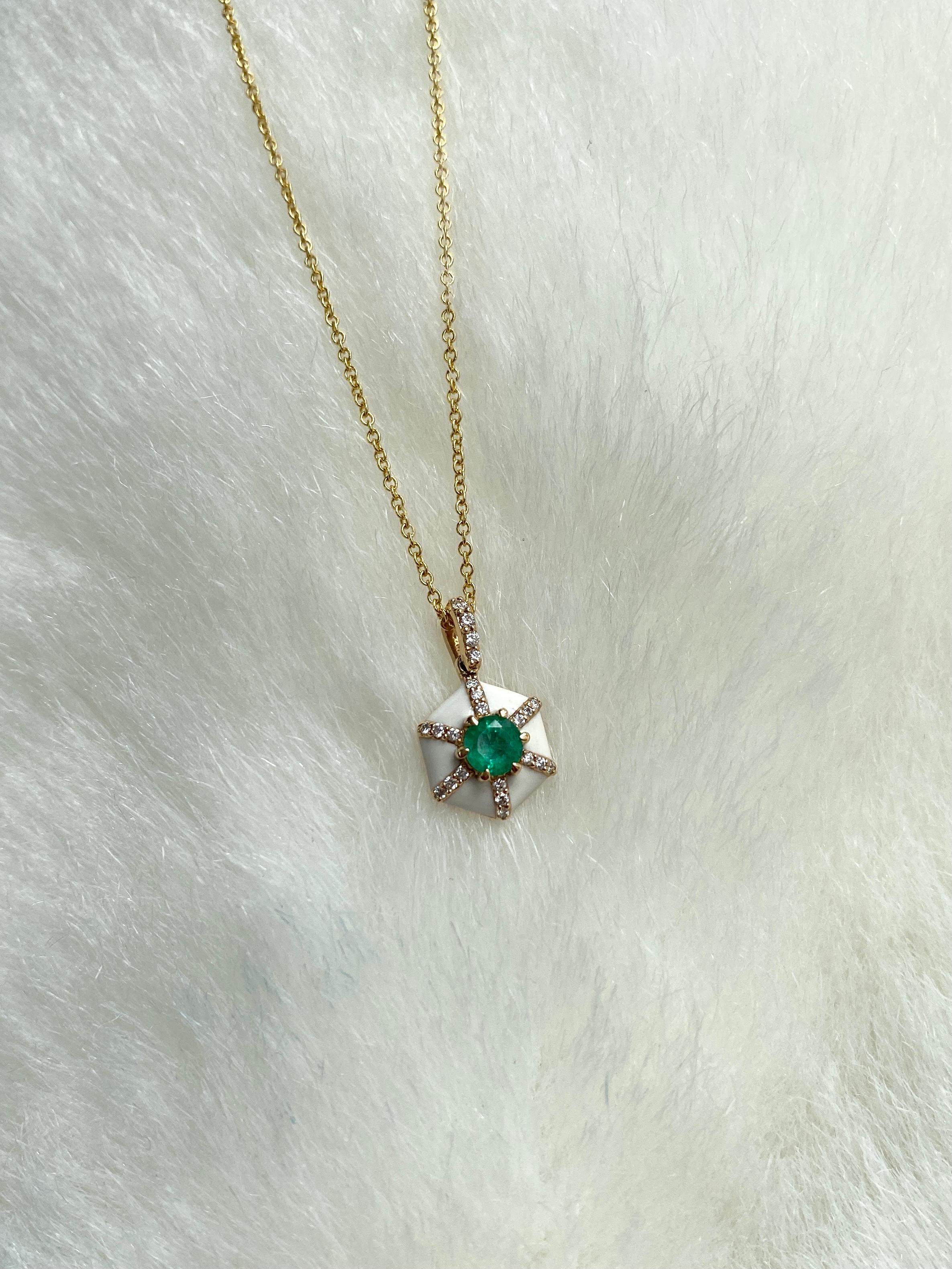 Women's Goshwara Hexagon White Enamel with Emerald and Diamonds Pendant For Sale