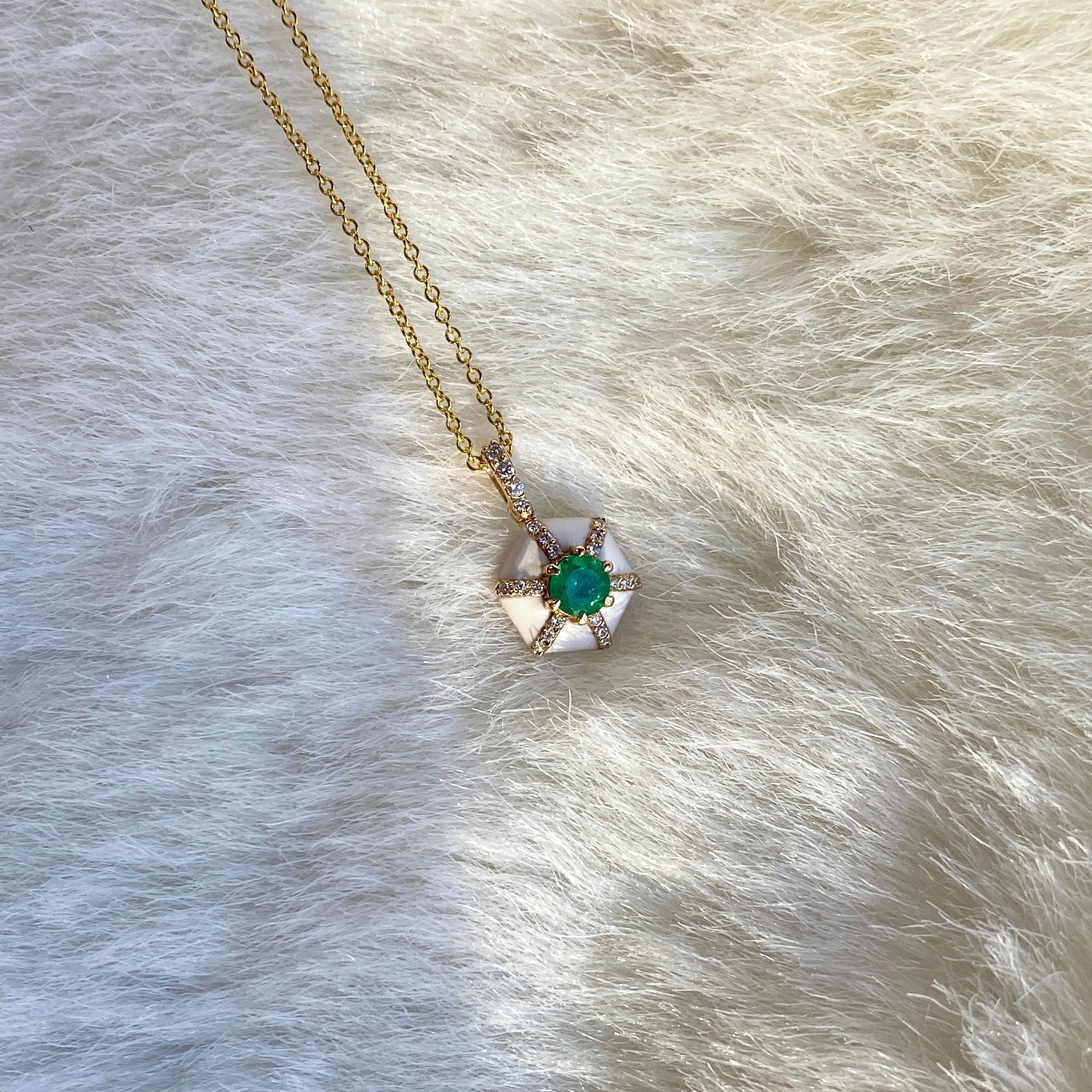 Goshwara Hexagon White Enamel with Emerald and Diamonds Pendant For Sale 1
