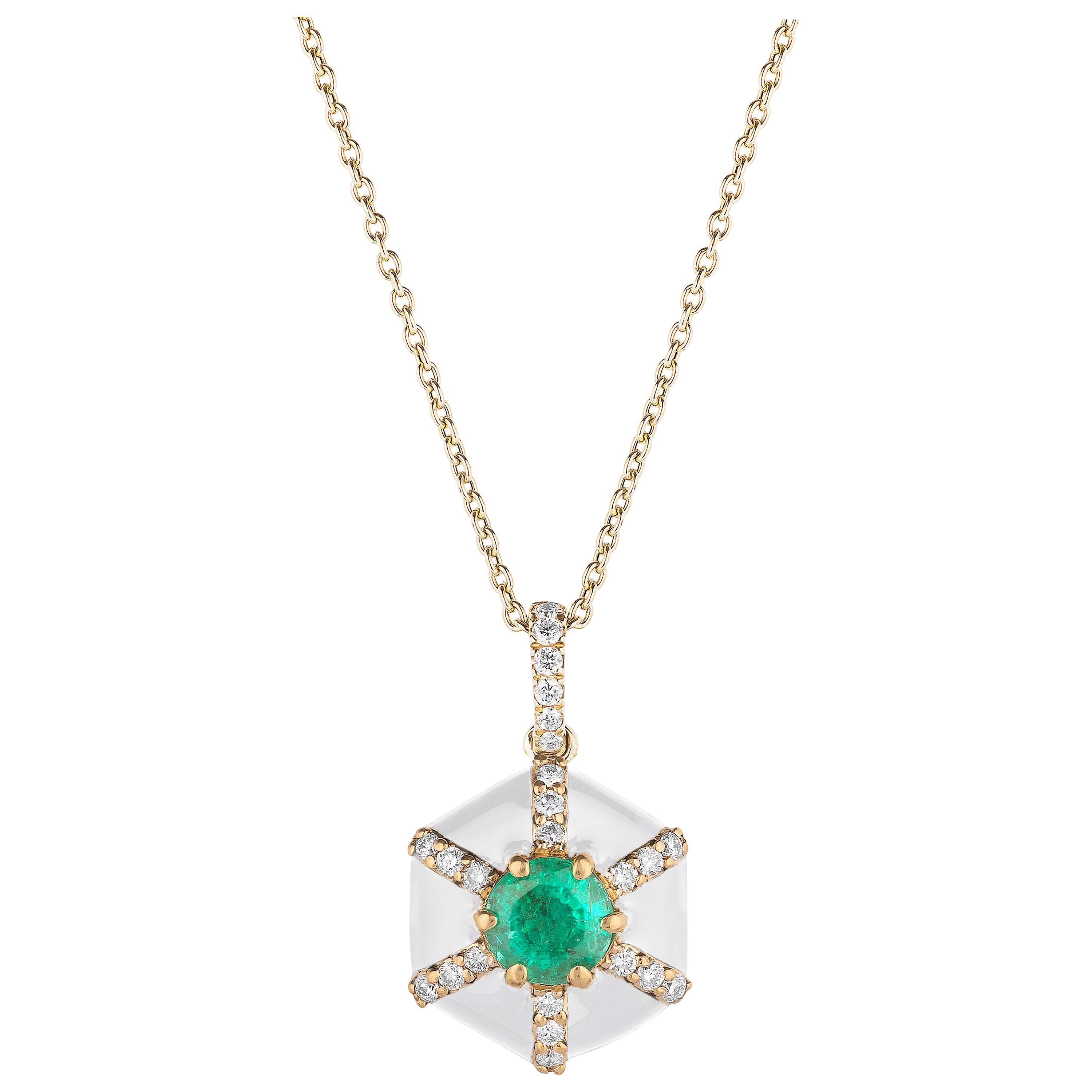 Goshwara Hexagon White Enamel with Emerald and Diamonds Pendant