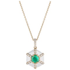 Goshwara Hexagon White Enamel with Emerald and Diamonds Pendant