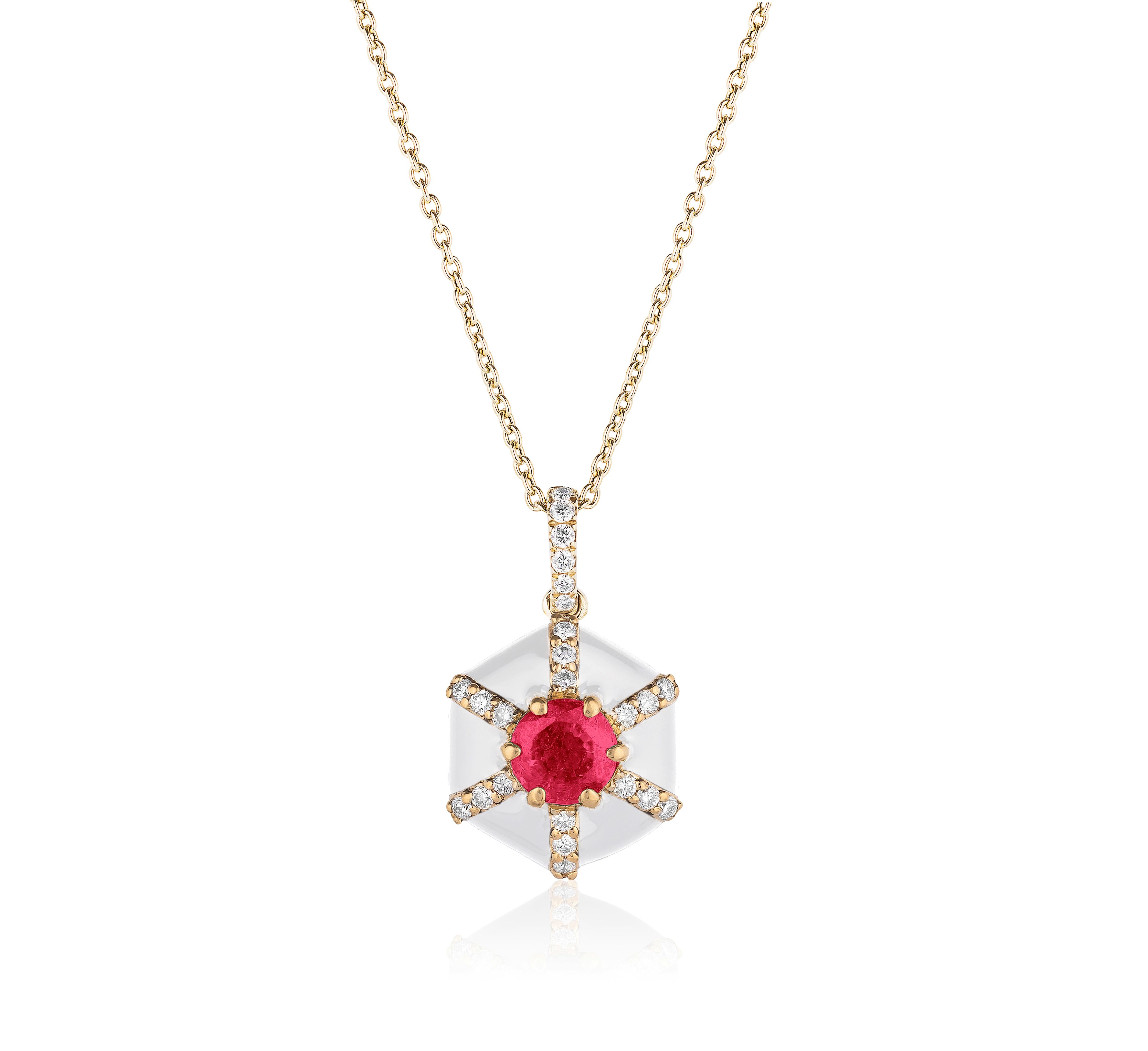 Hexagon White Enamel Pendant with Ruby and Diamonds in 18K Yellow Gold. from ‘Queen’ Collection
Stone Size: 4 mm 

Diamonds: G-H / VS, Approx. Wt: 0.10 Carats