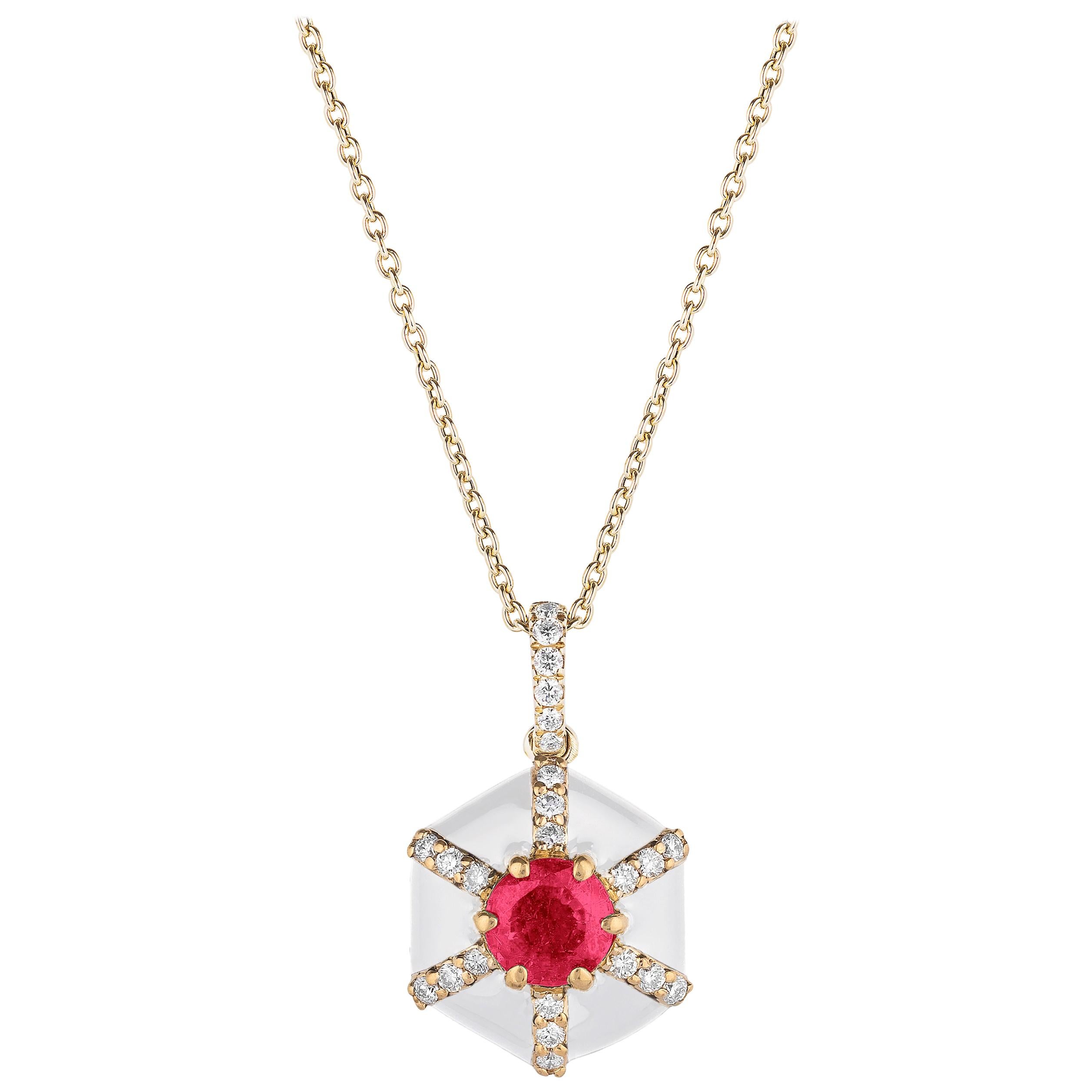 Goshwara Hexagon White Enamel with Ruby and Diamonds Pendant