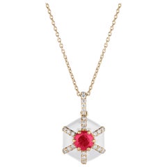 Goshwara Hexagon White Enamel with Ruby and Diamonds Pendant