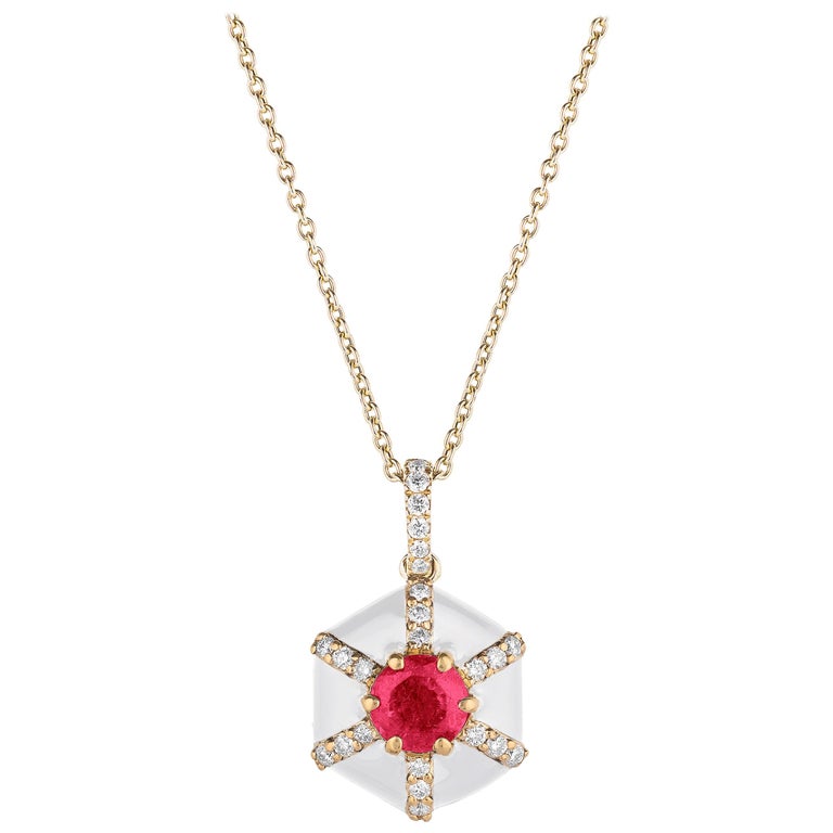 Goshwara Hexagon White Enamel with Ruby and Diamonds Pendant For Sale