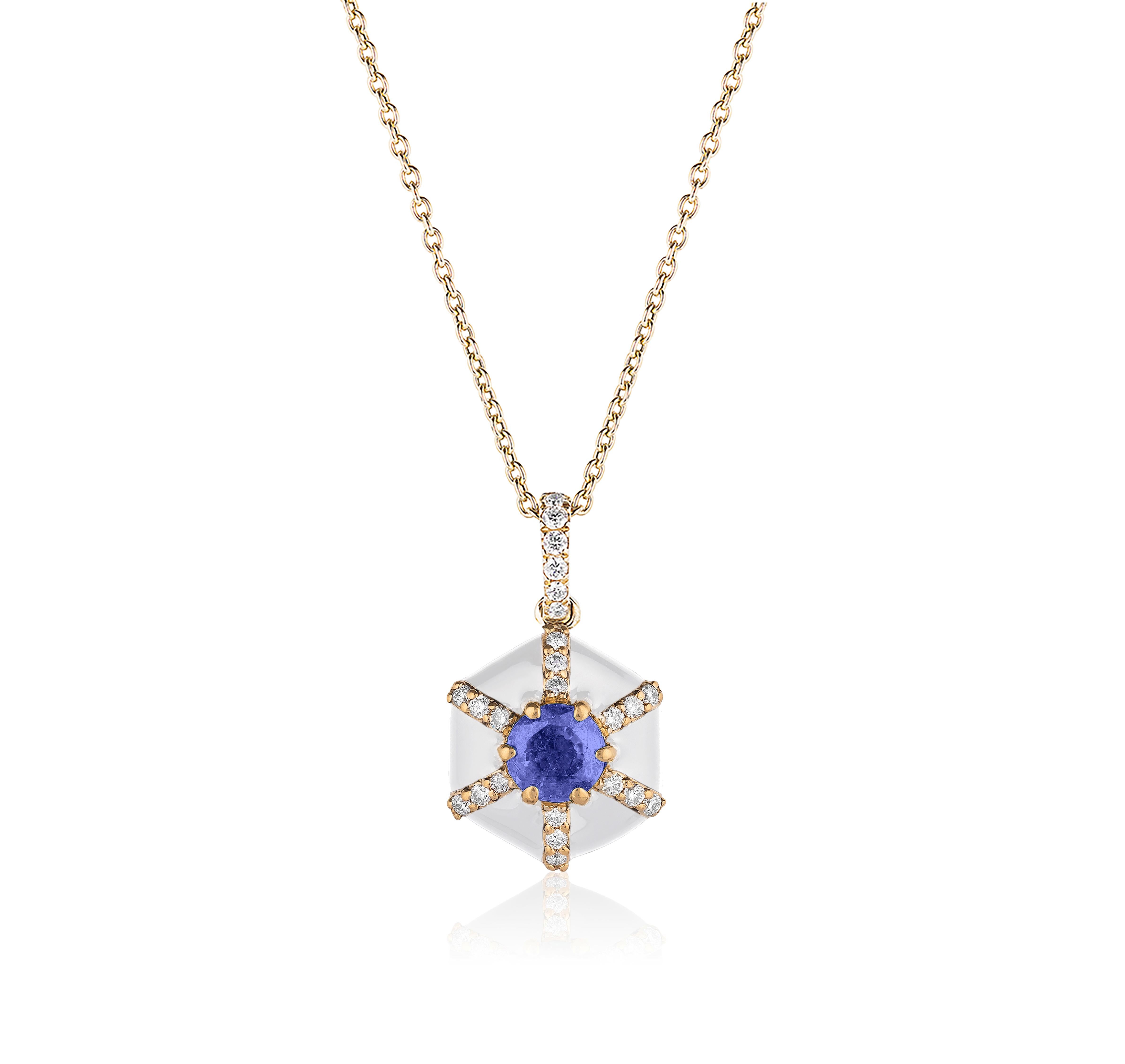 'Queen' Hexagon White Enamel Pendant with Sapphire And Diamond in 18K Yellow Gold.
Stone Size: 4 mm 
Gemstone Approx. Stone Wt: Sapphire- 0.20 Carats 
Diamonds: G-H / VS, Approx. Wt: 0.9 Carats