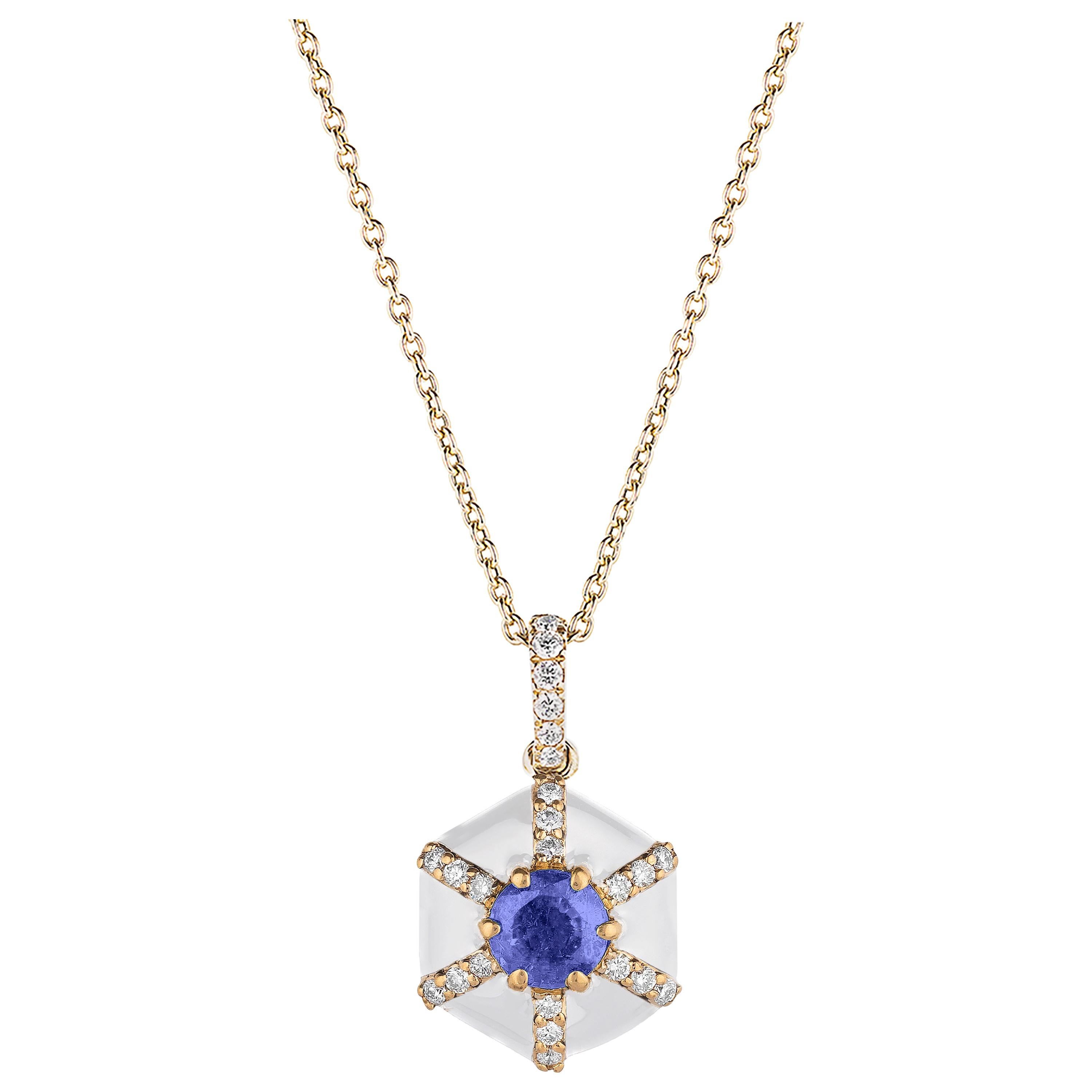 Goshwara Hexagon White Enamel with Sapphire and Diamonds Pendant