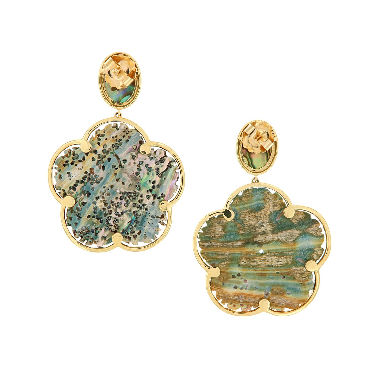 Stunning mother of pearl abalone earrings. A carved abalone flower drops from an oval cabochon abalone all encased in 18k yellow gold. Earrings are from the Innate Collection designed by Goshwara. Weigh 7.1 grams. Marked Goshwara.

Abalone 52.17 cttw
