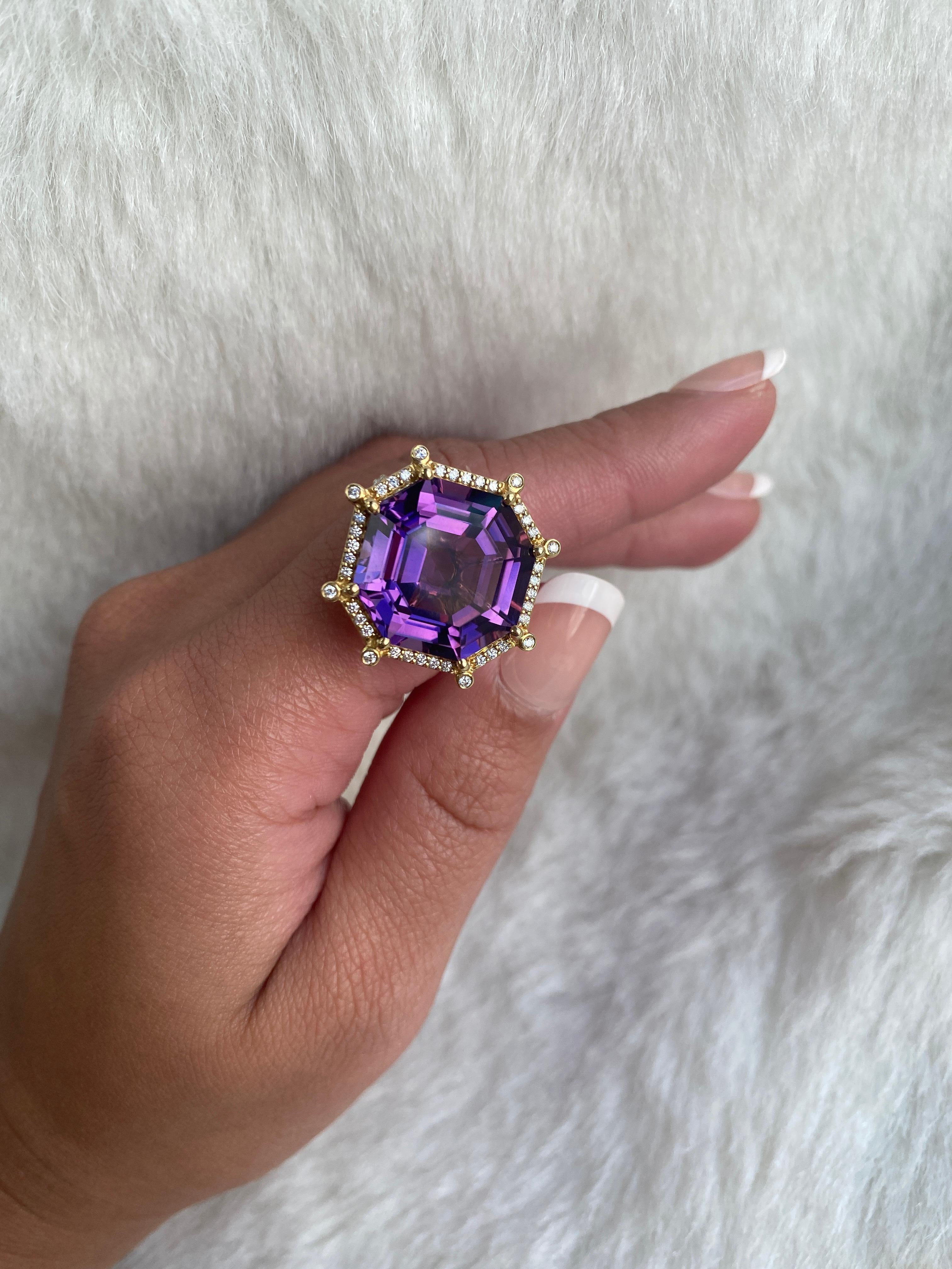 Large Amethyst Octagon Ring in 18K Yellow Gold with Diamonds, from 'Gossip' Collection. Like any good piece of gossip, this collection carries a hint of shock value. They will have everyone in suspense about what Goshwara will do next.

* Gemstone