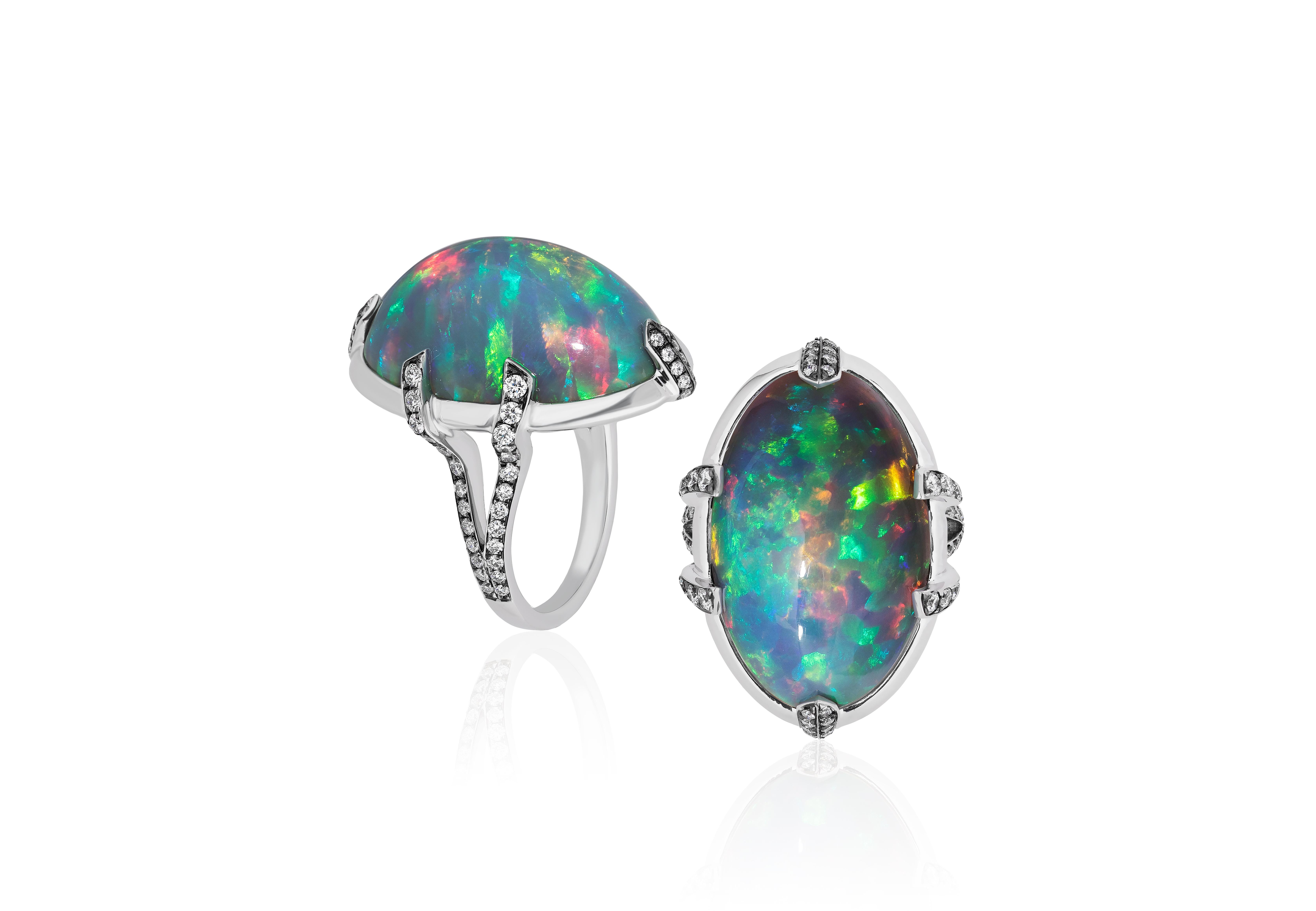 Magnificence and boldness are the best words to describe this one of a kind Large Black Opal Cabochon Diamond Ring with Light Black Rhodium in 18K White Gold, from 'G-One' Collection. It is definitely an outstanding piece of jewelry to have in your