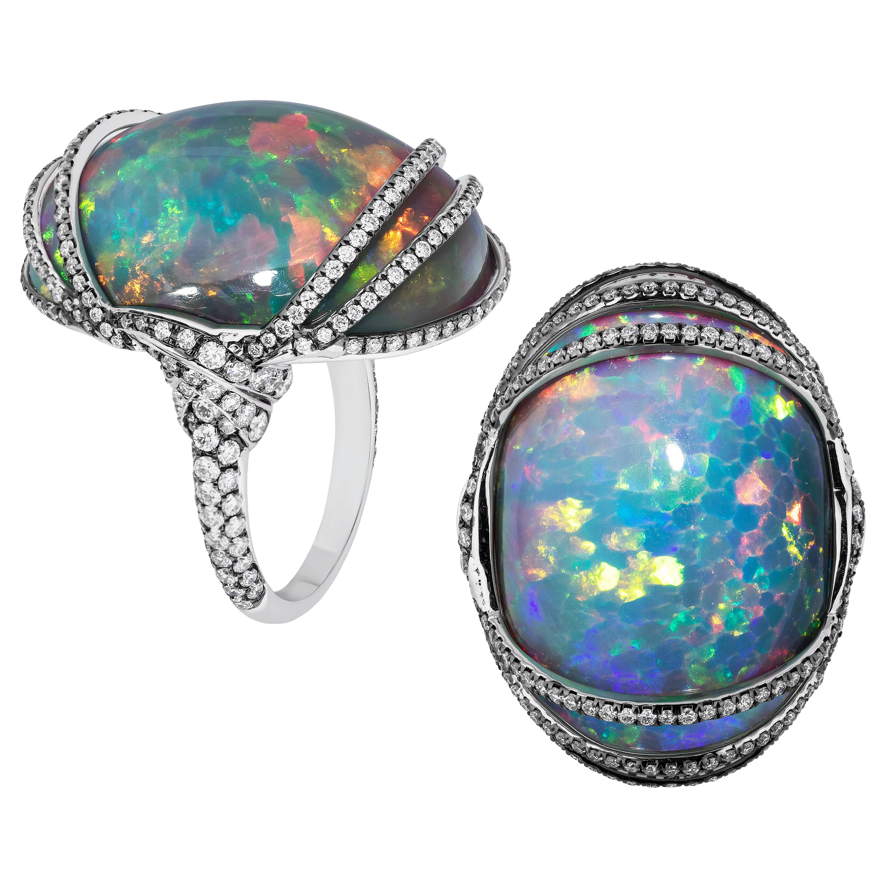 Goshwara Großer schwarzer Opal Cabochon Diamant mit hellschwarzem Rhodiumring im Angebot