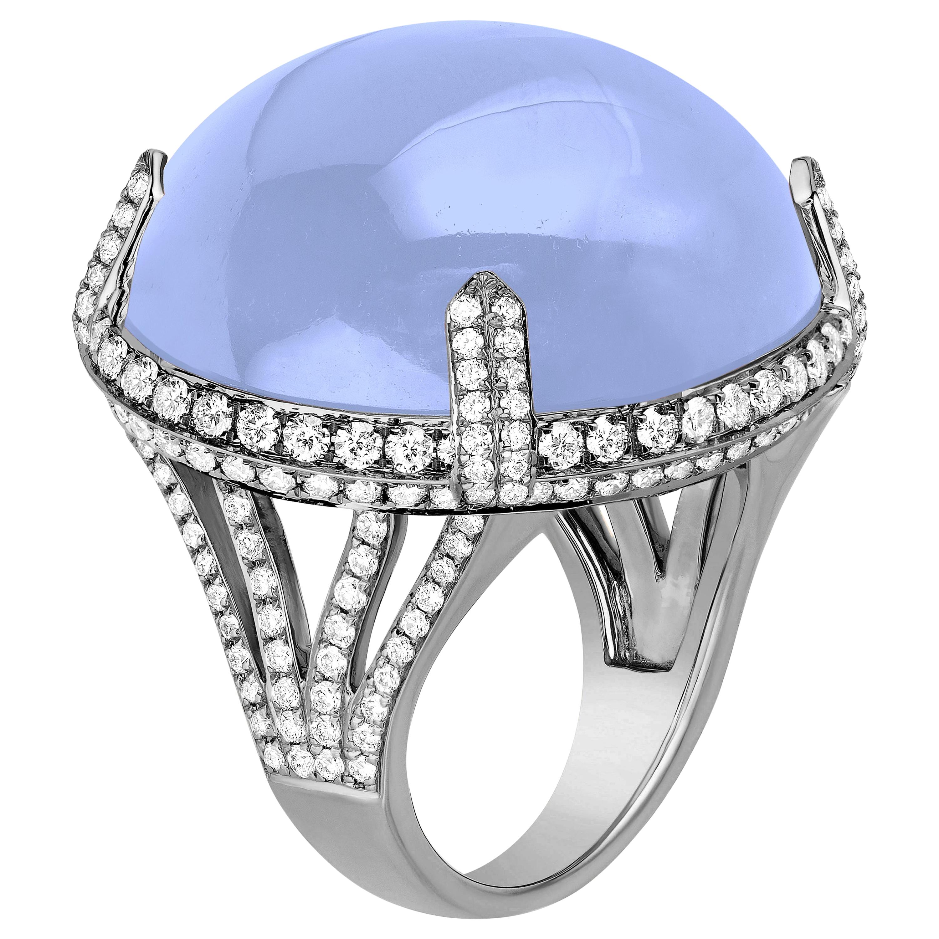 Goshwara Large Blue Chalcedony Cabochon and Diamond Ring For Sale